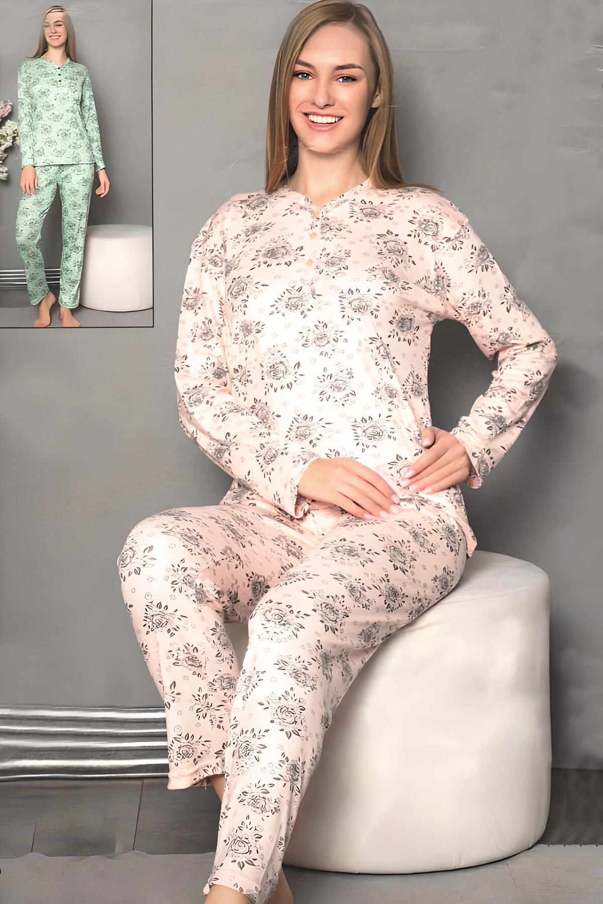 FAWN Kadın Gül Baskı 3 Düğme Uzun Kol Pijama Takımı (6806)