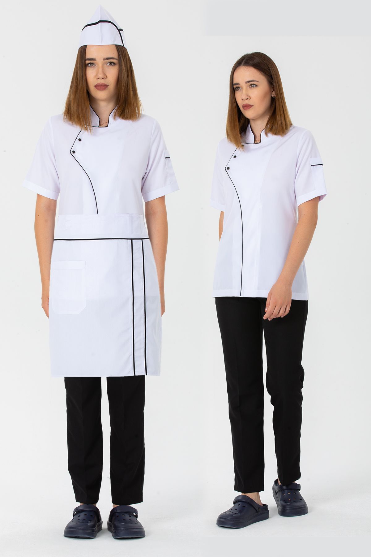 TIPTEKS Kadın Kısa Kollu Beyaz Ceket (Siyah Biyeli) + Siyah Pantolon + Bel Önlüğü ve Kep Dörtlü Aşçı Set