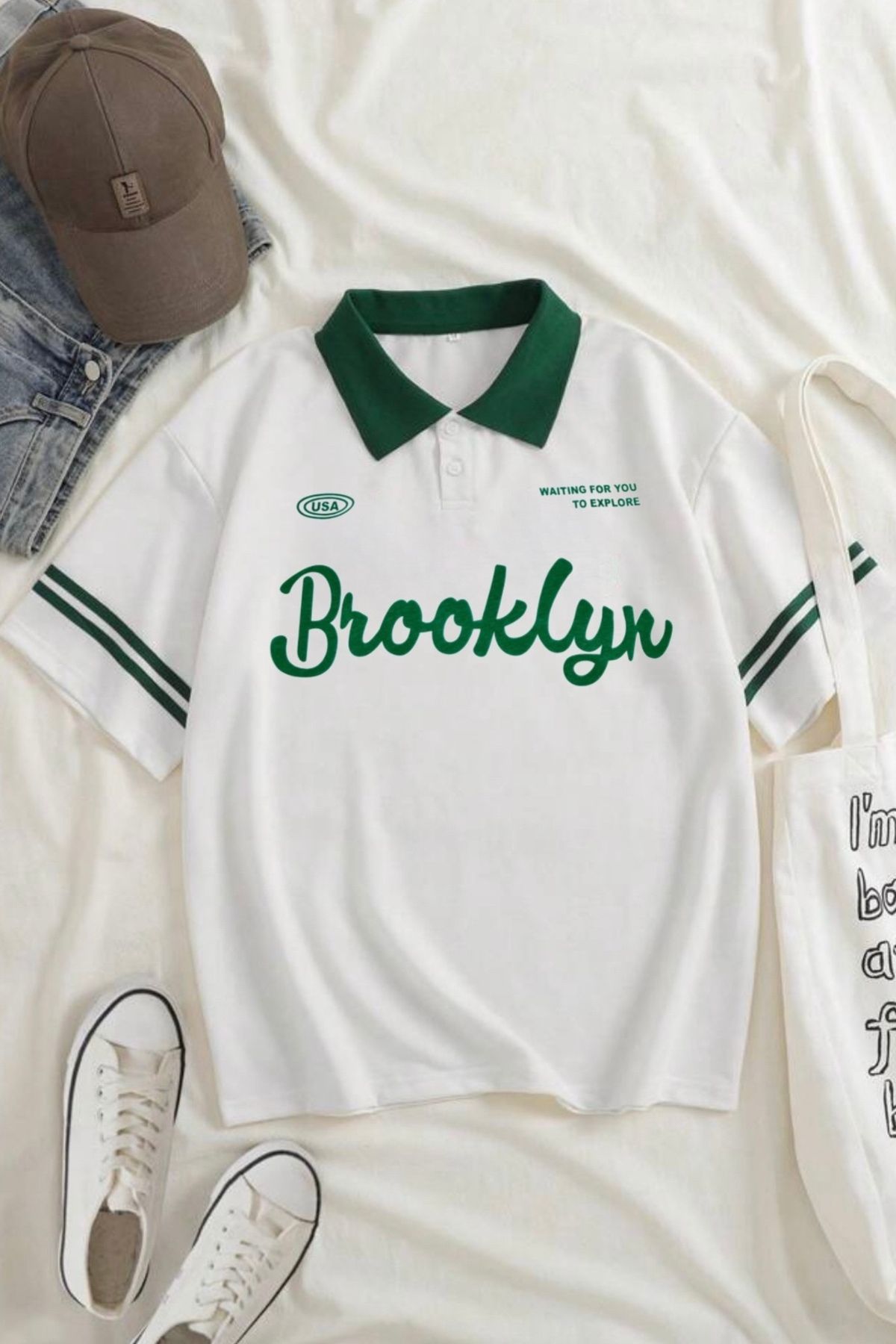 Ef Butik Beyaz Unisex Yeşil Polo Yaka Brooklyn Yazılı Tişört