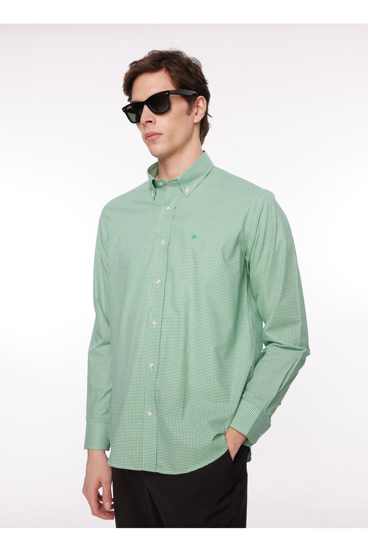Dufy Regular Fit Düğmeli Yaka Yeşil Erkek Gömlek DU1234013010