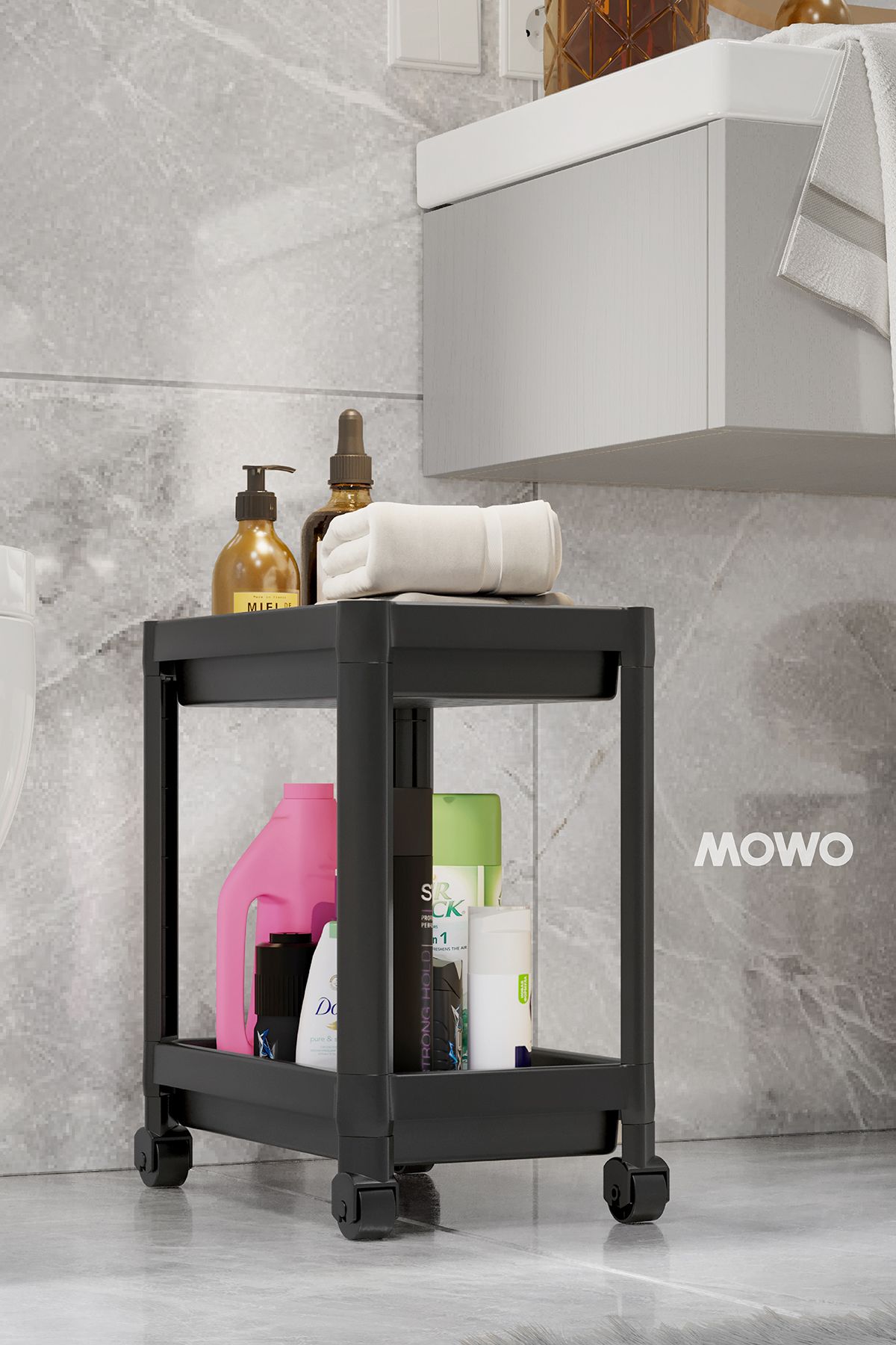 Mowo Home 2 Katlı Tekerlekli Düzenleyici Raf Siyah, Banyo Dolabı, Mutfak Tezgah ve Evye Altı, Deterjanlık