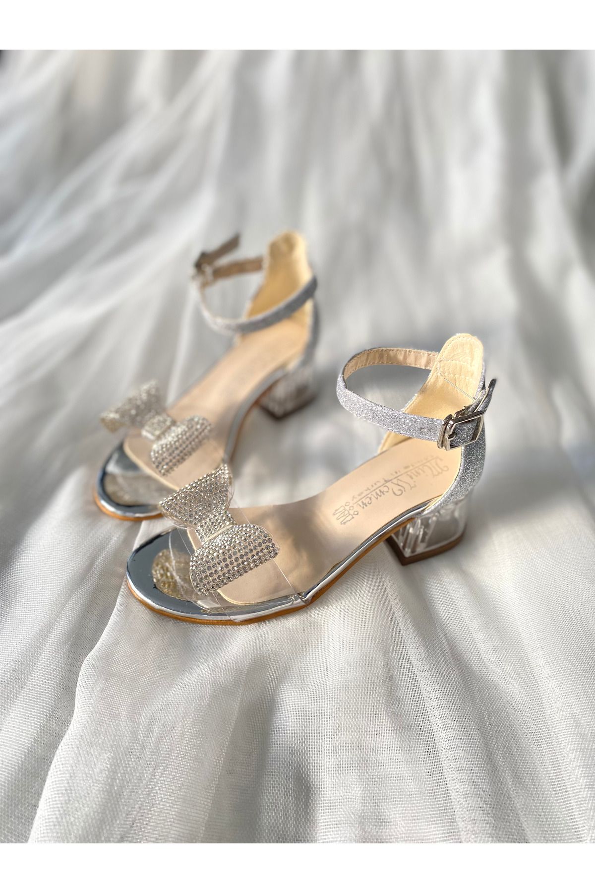 NS Little Kız Çocuk Gümüş Şeffaf Taş Detaylı Topuklu Ayakkabı, Kız Çocuk Abiye Ayakkabı