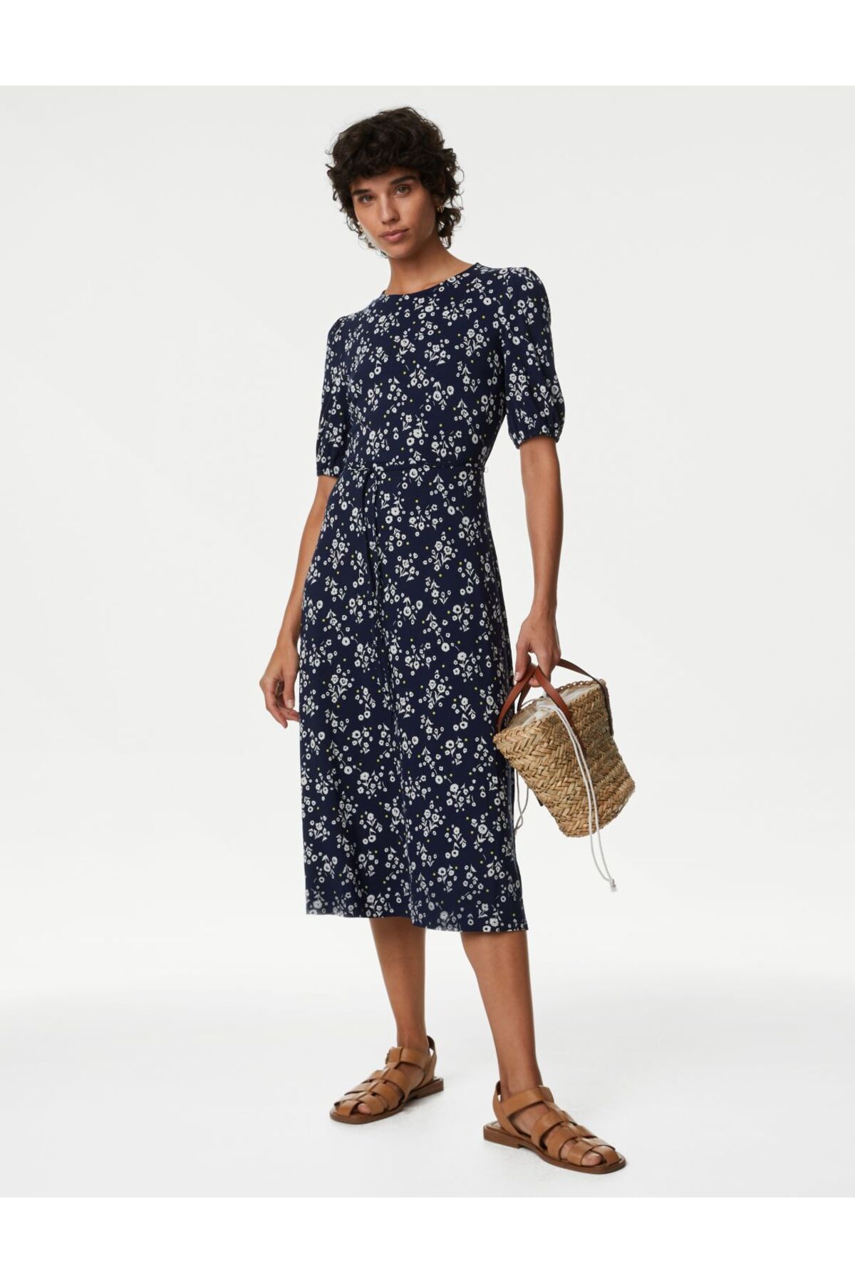 Marks & Spencer Çiçek Desenli Midi Örme Elbise