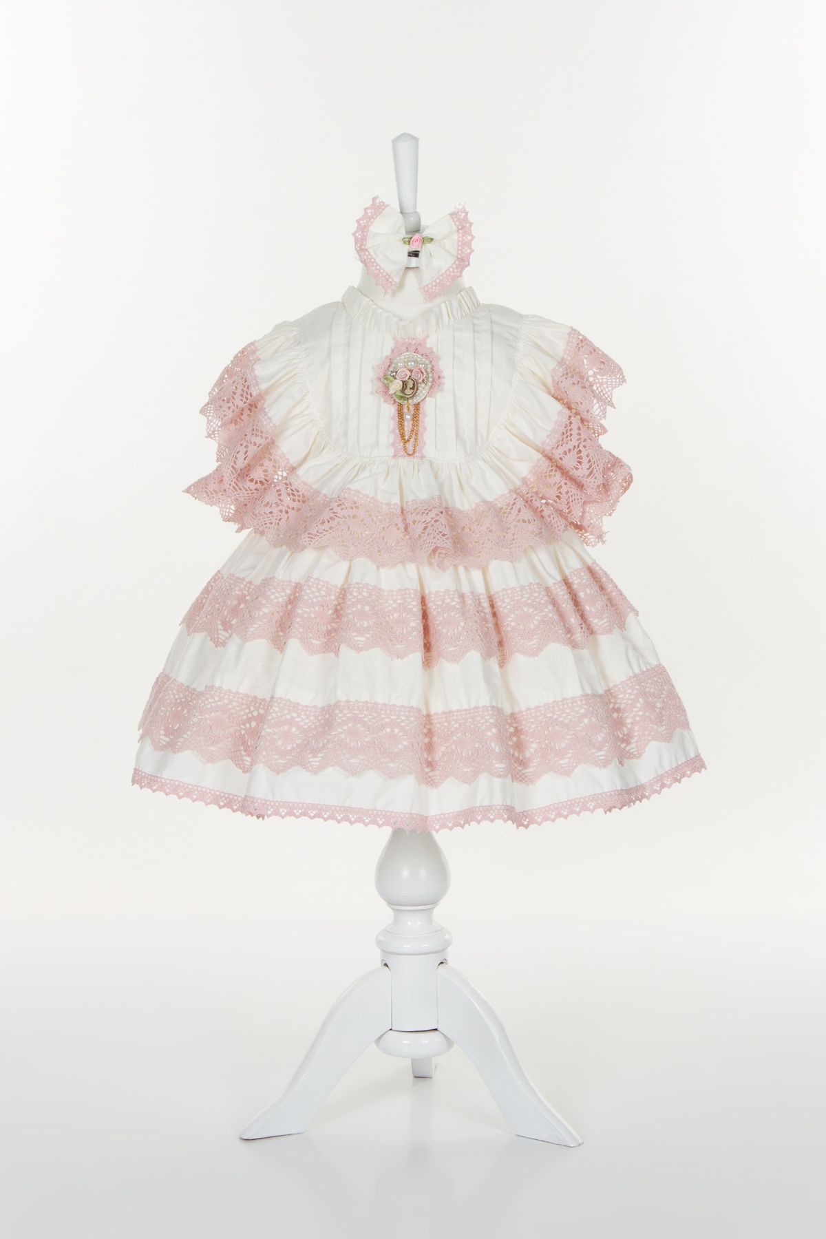 Sare Çocuk Giyim Vintage Konsept Antialerjik Pamuk Kumaş Pembe Güpürlü Beyaz Doğum Günü Elbisesi
