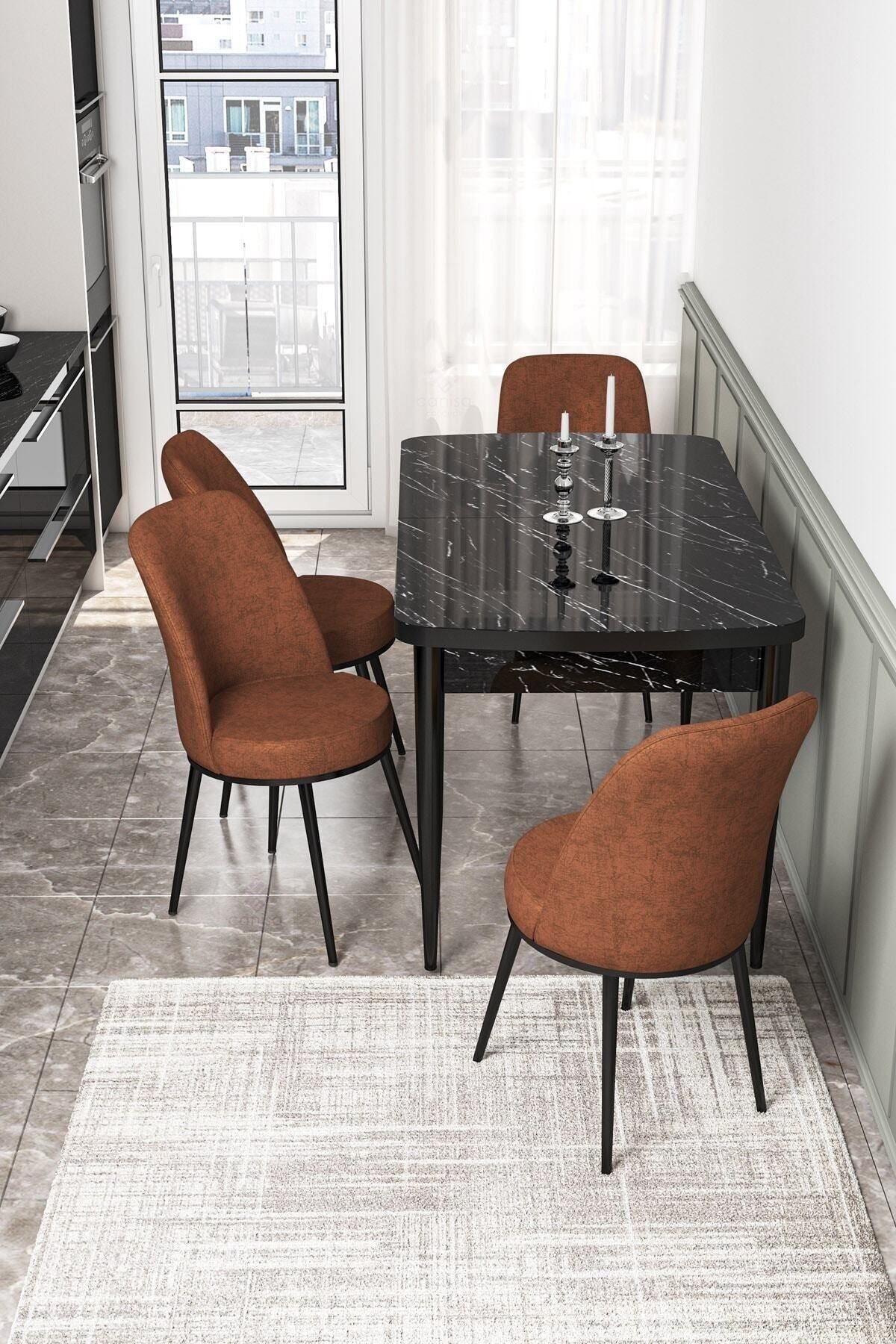 Canisa Concept Via Serisi, Açılabilir Mutfak Masası Takımı Siyah Mermer Desen Masa Ve 4 Kiremit Sandalye
