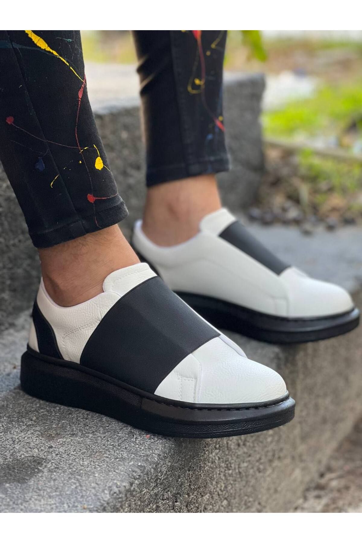 BZ Moda B040 ST Bağcıksız Kalın Lastikli Ortopedik Taban Erkek Sneaker Ayakkabı Beyaz/Siyah