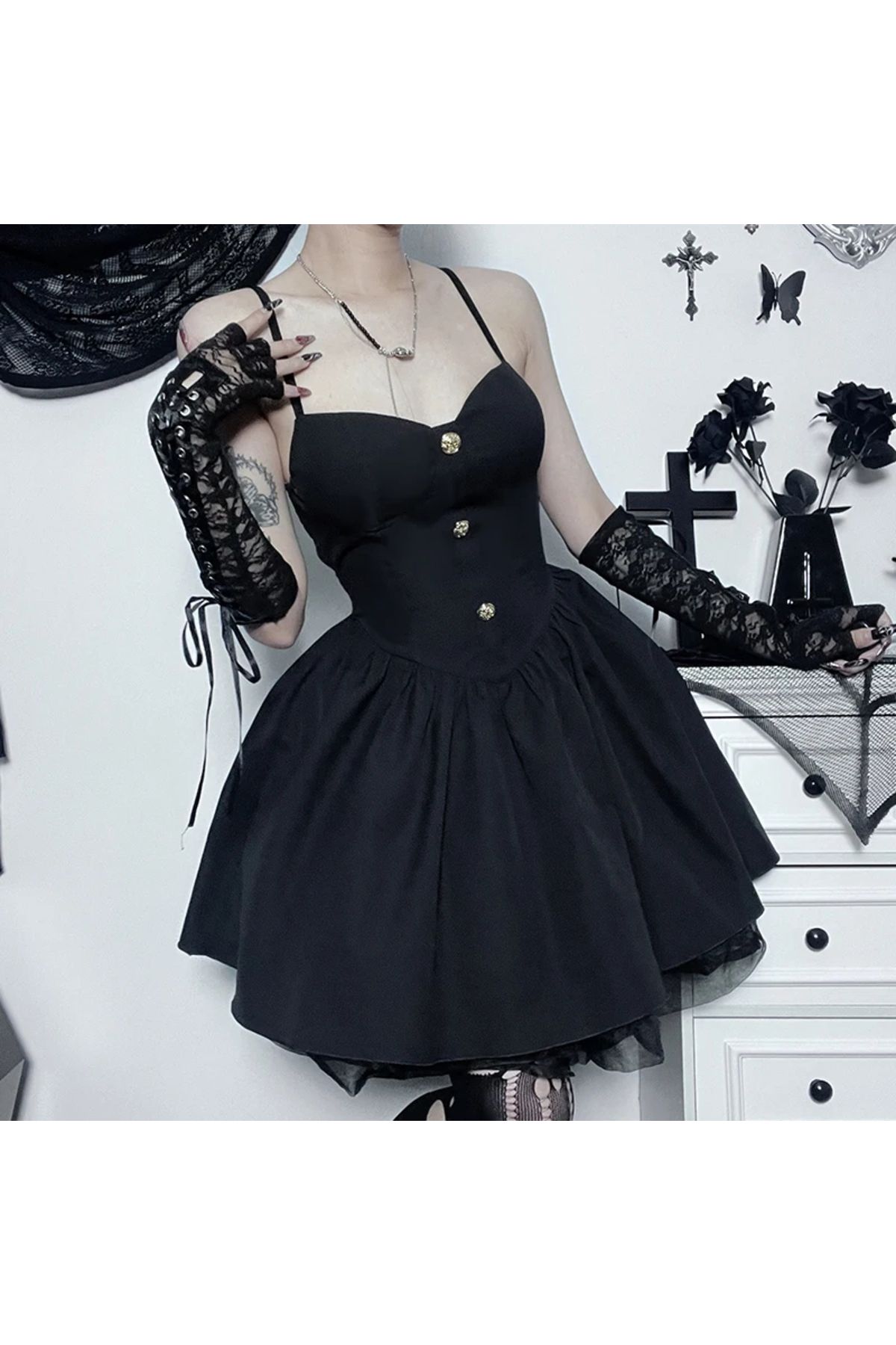 Köstebek Siyah Gothic Düğmeli Askılı Elbise