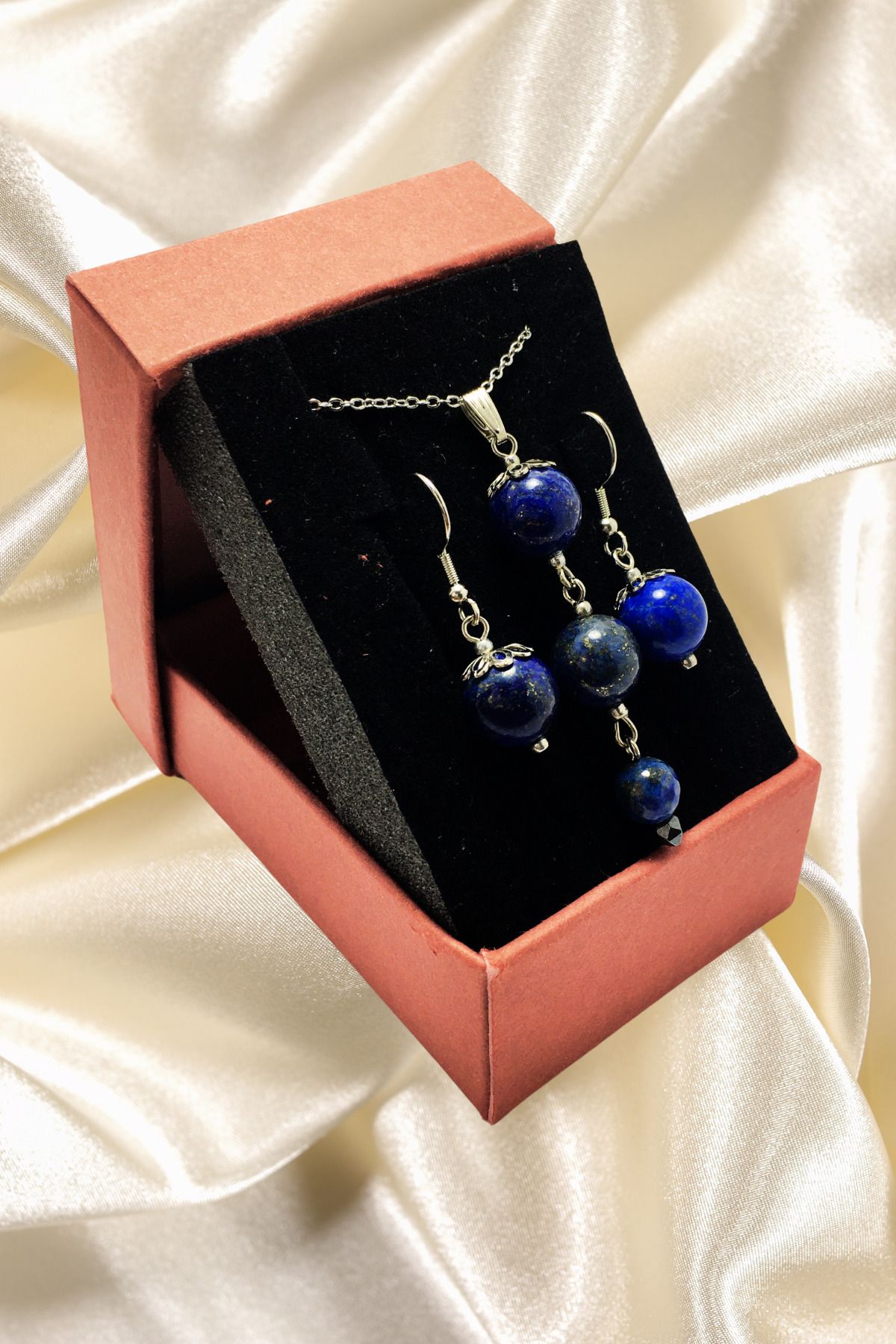 ayrestyle Lapis Lazuli Doğal Taş Gümüş Renk Sallantılı Küpe Ve Kolye Takı Seti - Mavi Doğal Taş Takı