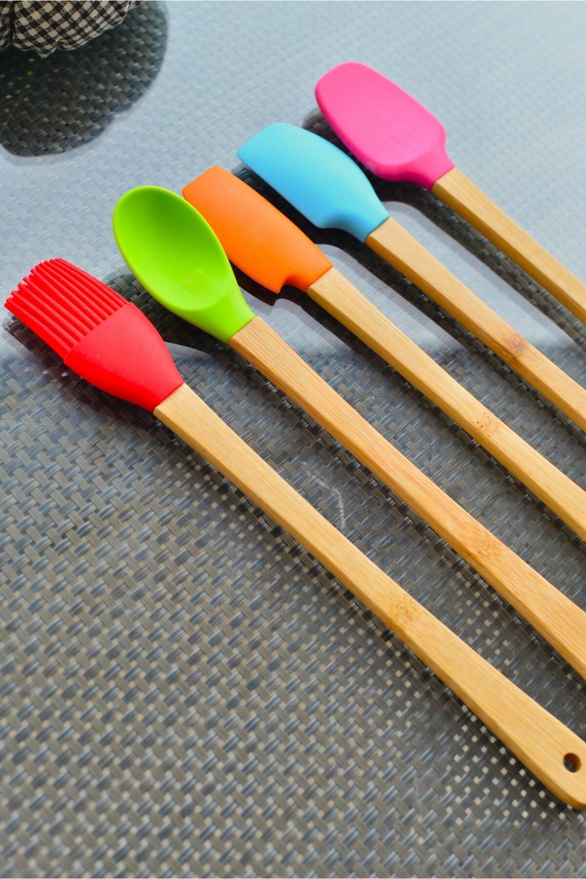 Kiesa 5 Parça Bambu Silikon Spatula Kaşık Fırça Seti Bambu Mini Kaşık Spatula Fırça Seti Yüksek Kalite