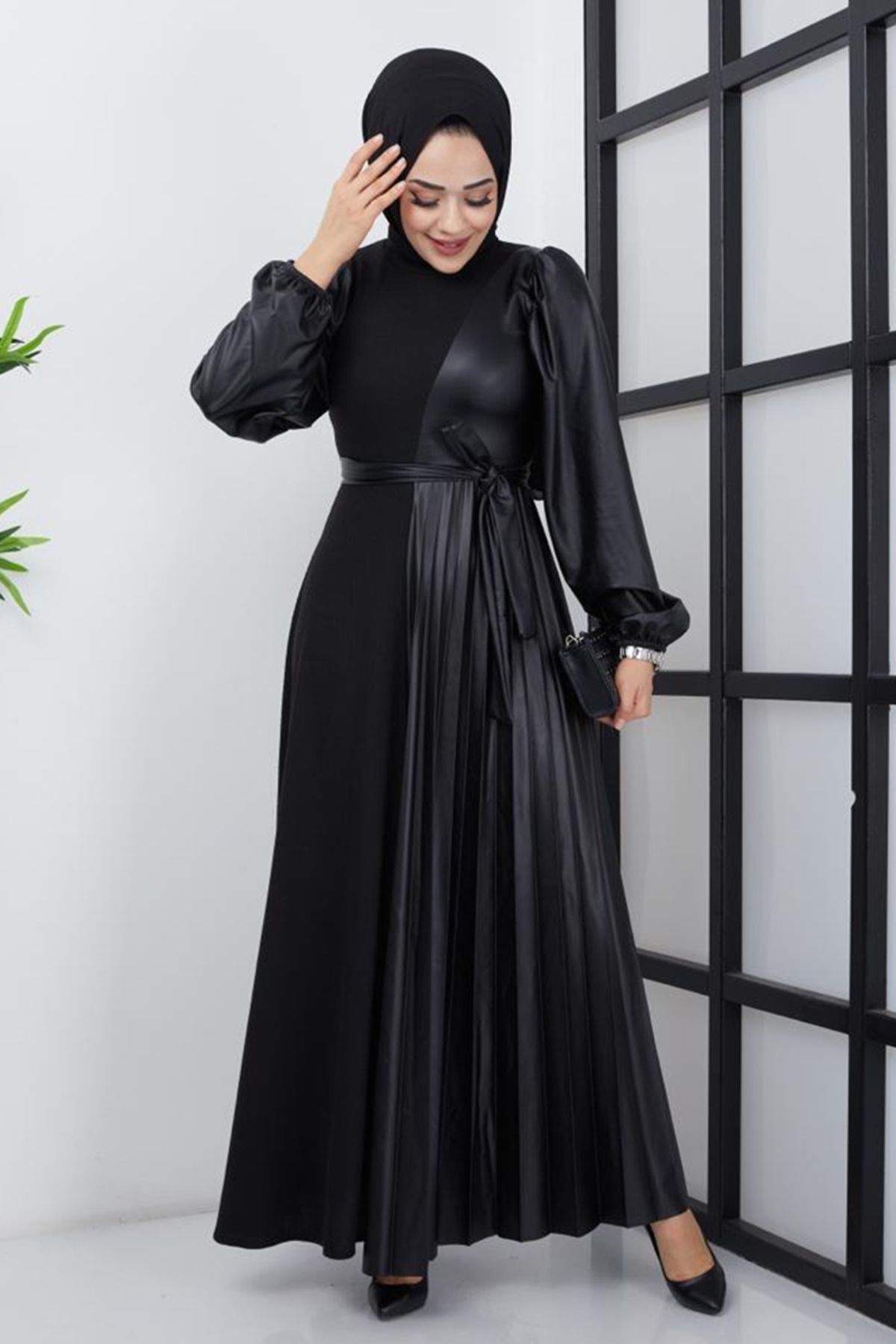 ModaMerve Triko Detaylı Deri Elbise ZNK4666 Siyah