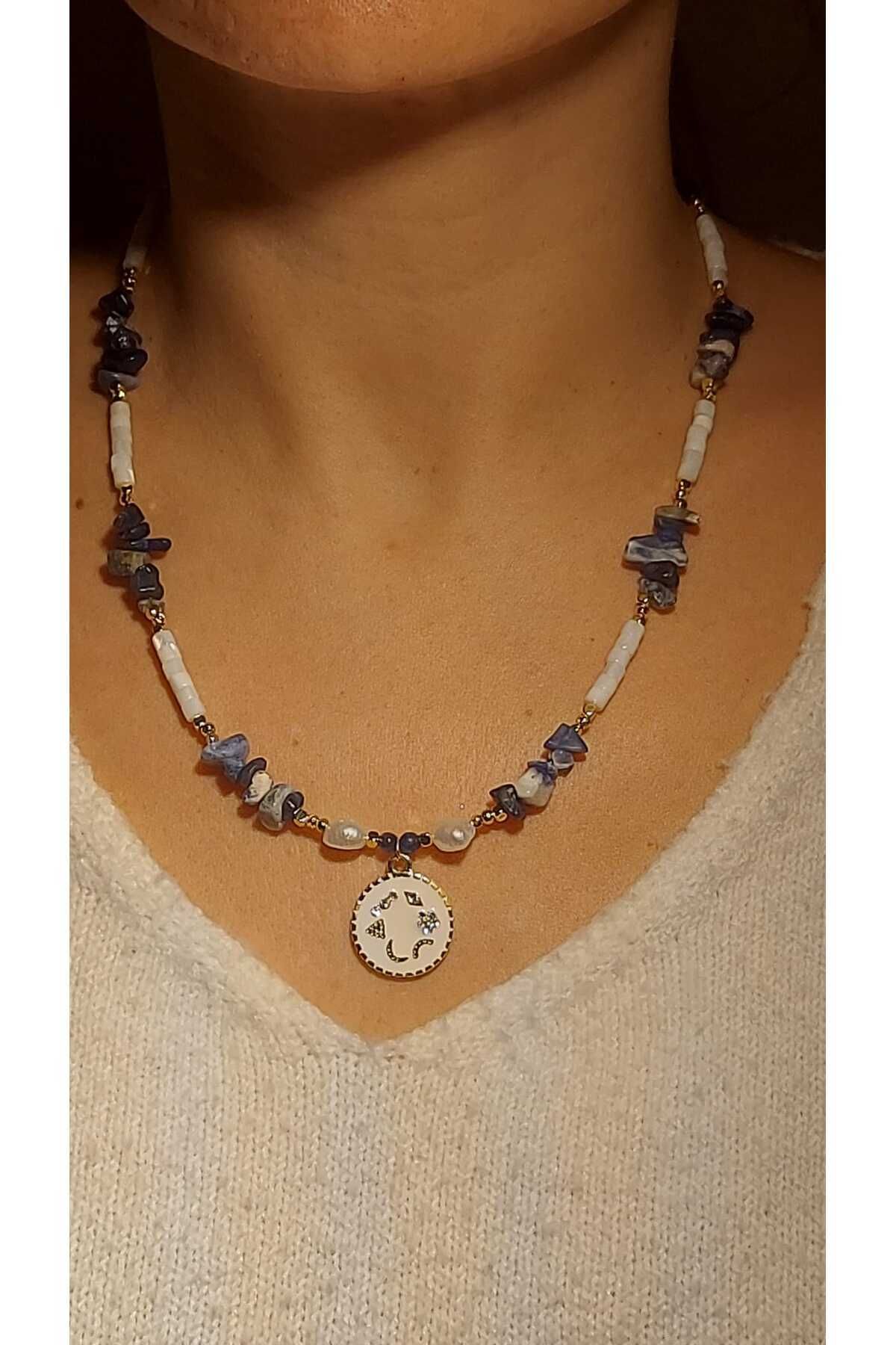 MSTR Art Lucky Charm / Symbol Necklace - Doğal Taş, Sedef, Sodalit, Gerçek Inci, Cam Kristal, Uğur Kolyesi.