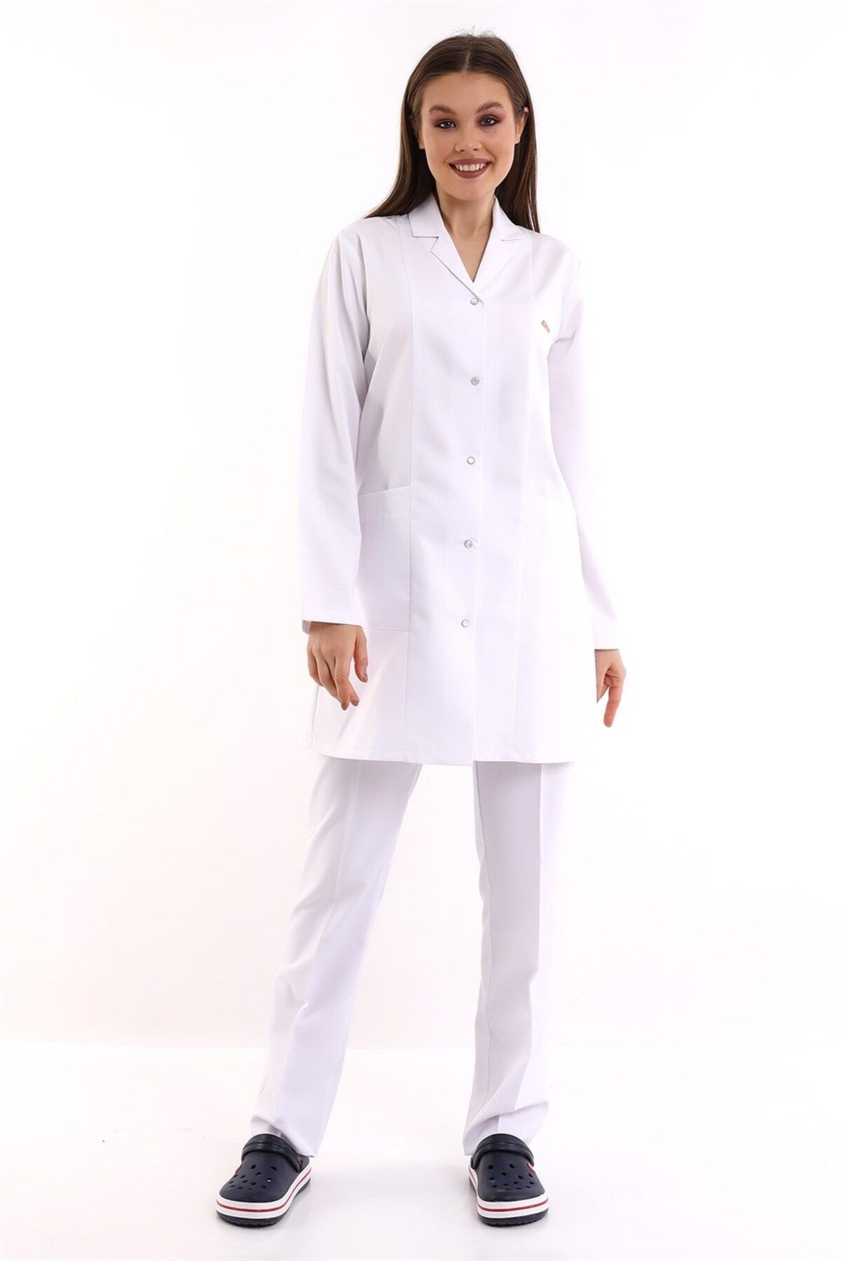 Bilenn Tekstil Doktor Öğretmen Kadın Önlük Ara Boy Ceket Yaka - 171 Beyaz