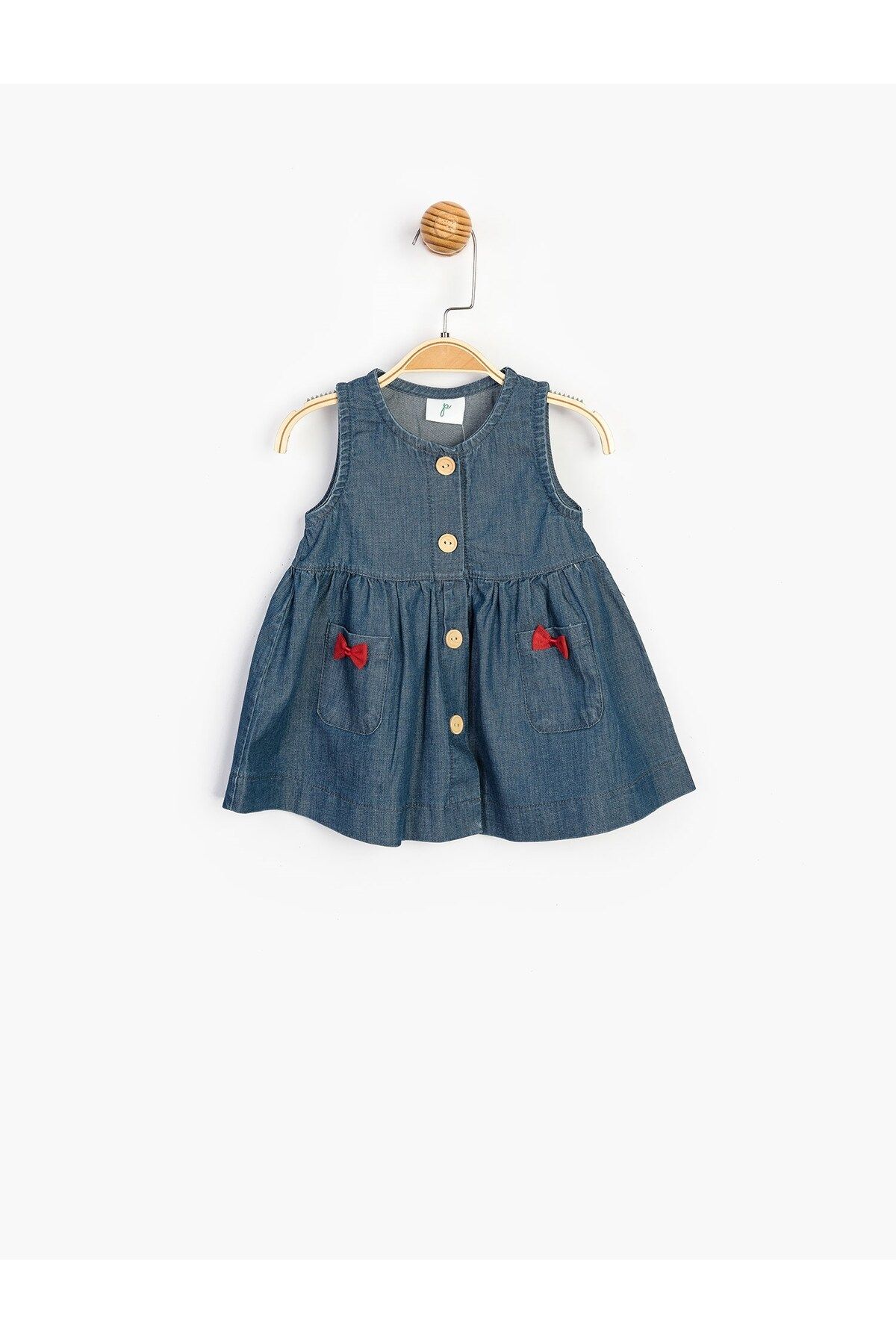Panolino Kız Bebek Yazlık Önden Düğmeli Kurdeleli Cepli Kot Elbise