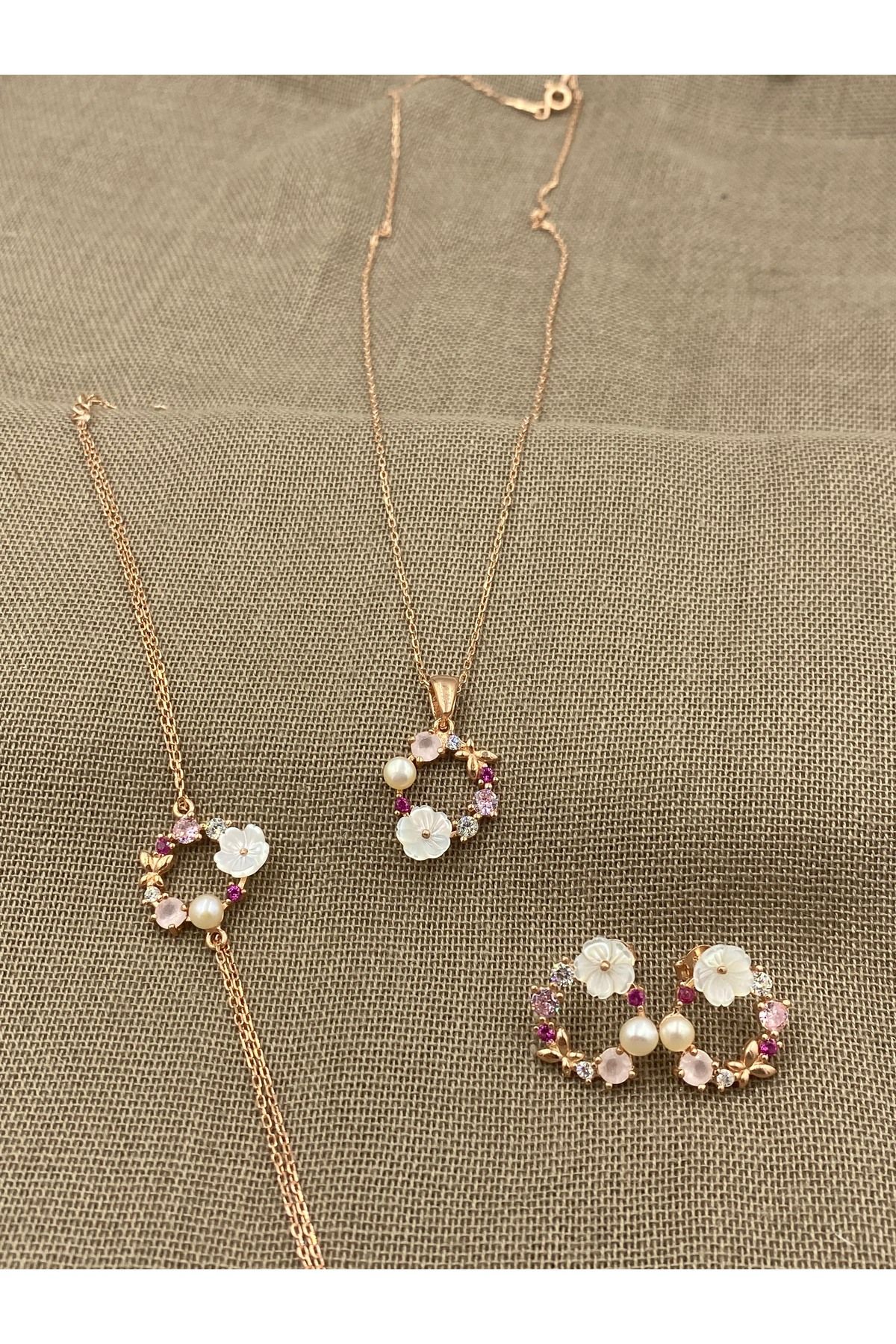 Inure Jewelry Sılver Inci Baharı 925 Ayar Rose Gümüş Set Kolye & Bileklik & Küpe