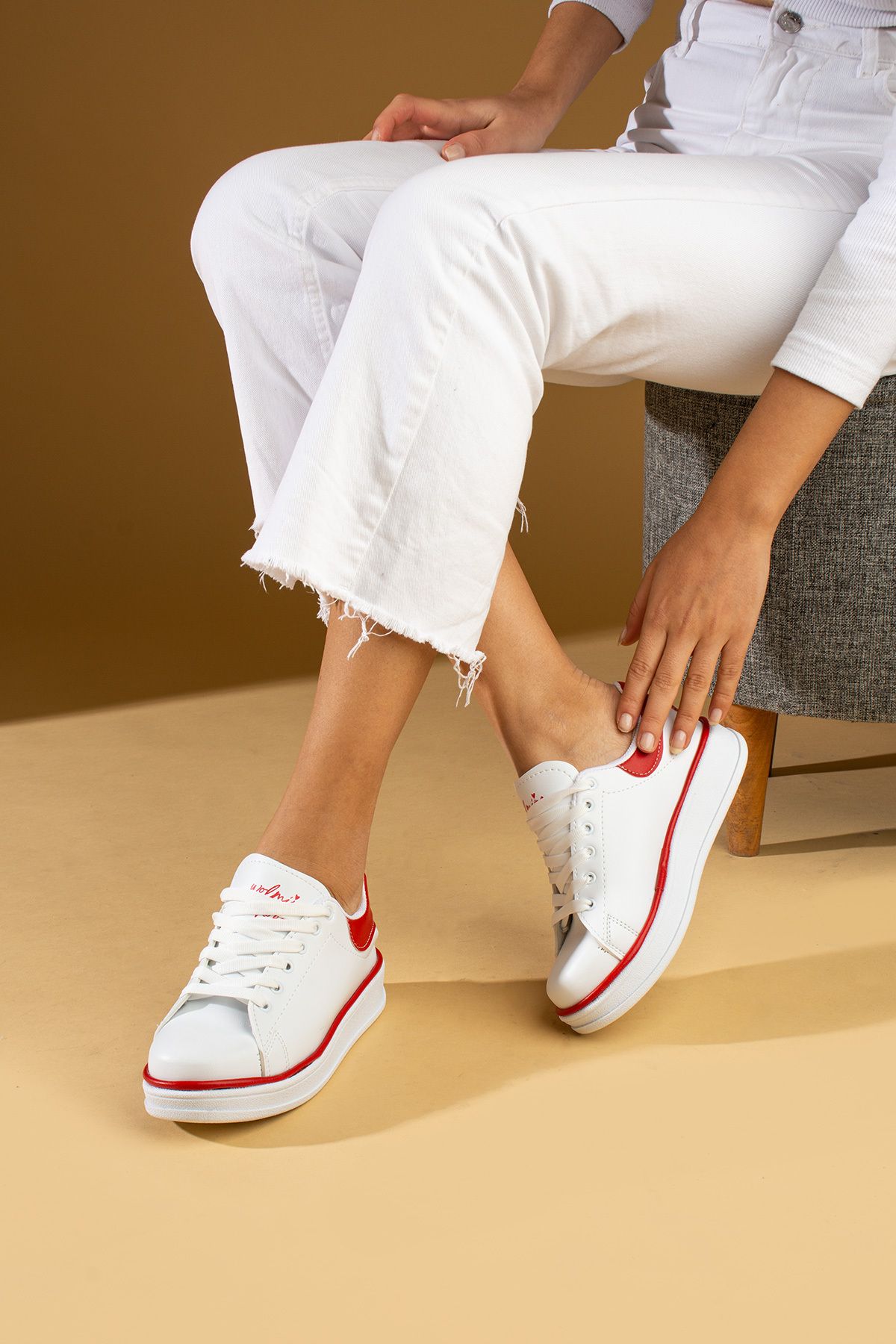 Pembe Potin Beyaz Kırmızı Kadın Spor Sneaker Bağcıklı Günlük Rahat Taban Ayakkabı