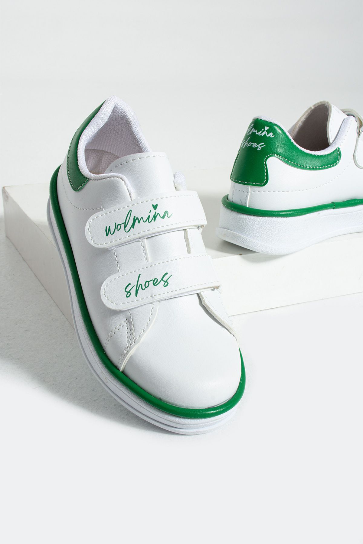 Pembe Potin Çocuk Unisex Beyaz Yeşil Sneakers Cırtlı Bantlı Günlük Rahat Spor Ayakkabı