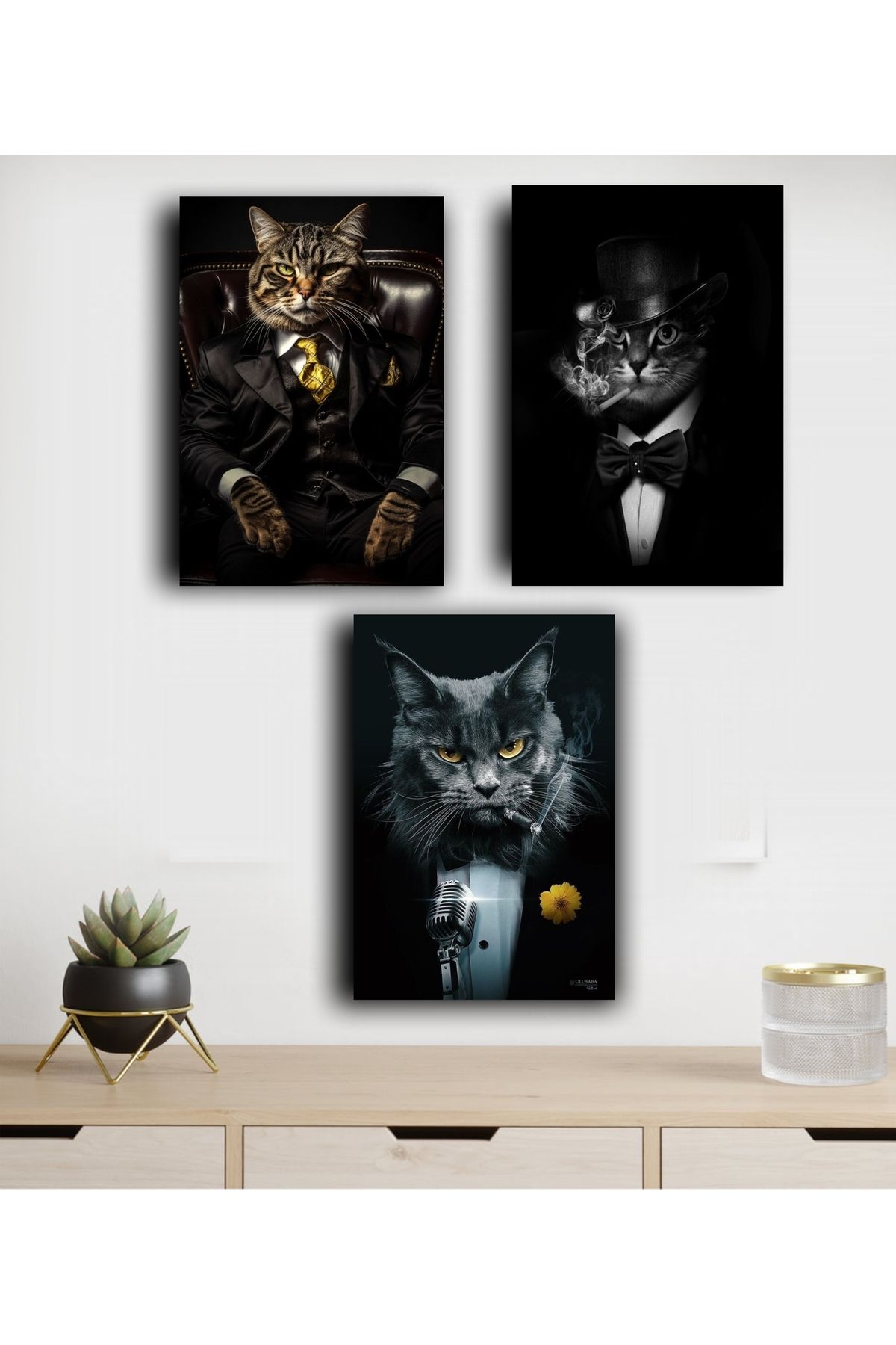 icase Kedi Patron Kedi Yakışıklı Kediler Kapı Süsü Duvar Tablo Konsept Dekor Ahşap Tablo Set3'lü(19X28 CM)