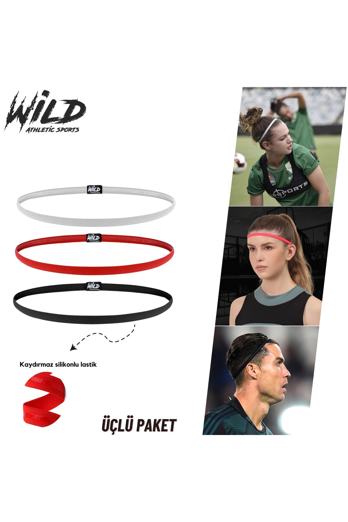 Wild Athletic Kaydırmaz Silikonlu Elastik Spor Futbol Saç Bandı Tokası Üçlü Wildflex