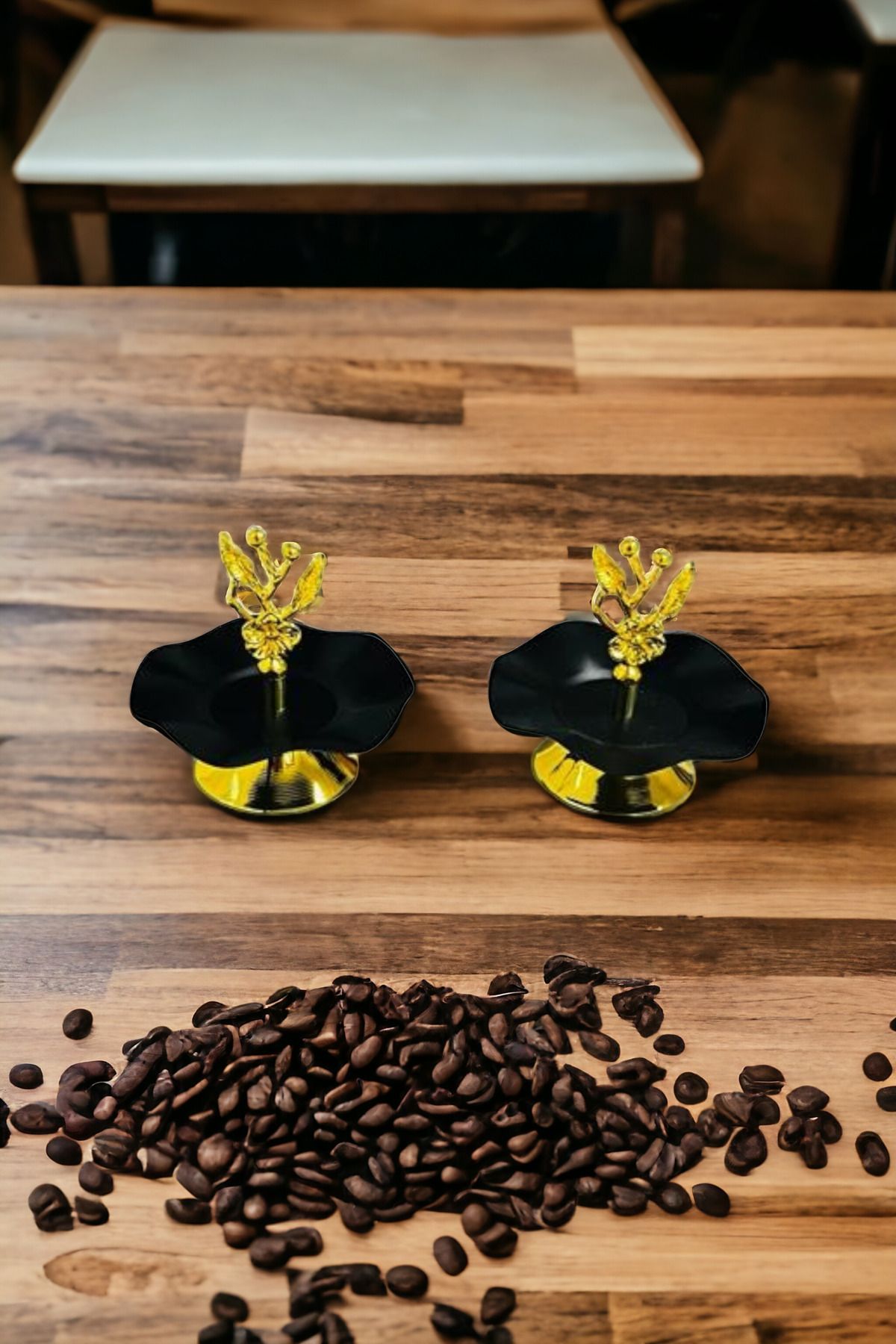 Saccura Decor 2li Siyah&Gold Şekerlik Seti, Kahve Yanı Tek Katlı Sunumluk, Lokumluk Seti