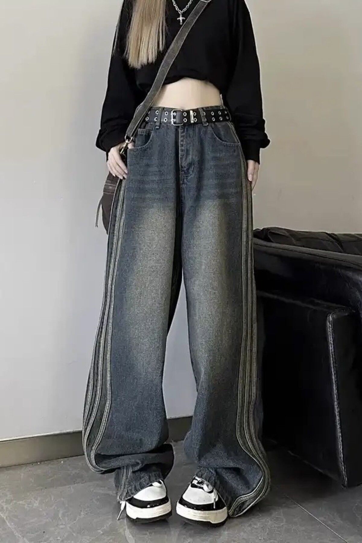 Ef Butik Füme Y2K Vintage Newstyle Limde Detail Wide Bol Paça Jeans