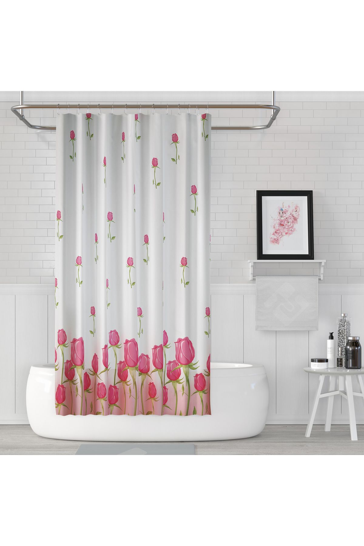 Tropikhome Duş Perdesi Çift Kanat 2x120x200cm Pembe Gül Desenli Banyo Perdesi 16 Adet C Halka Hediyeli