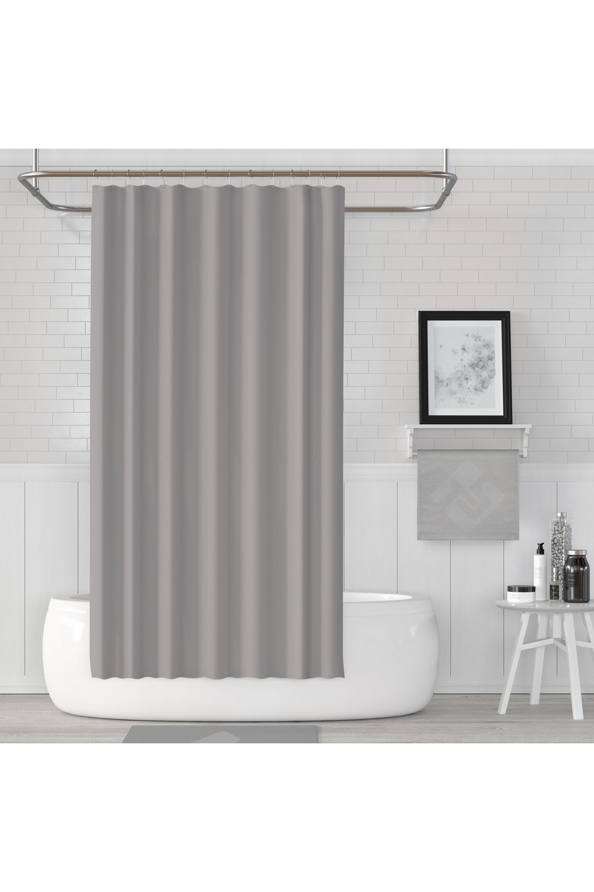 Tropikhome Duş Perdesi Çift Kanat 2x120x200cm Gri Renk Banyo Perdesi 16 Adet C Halka Hediyeli