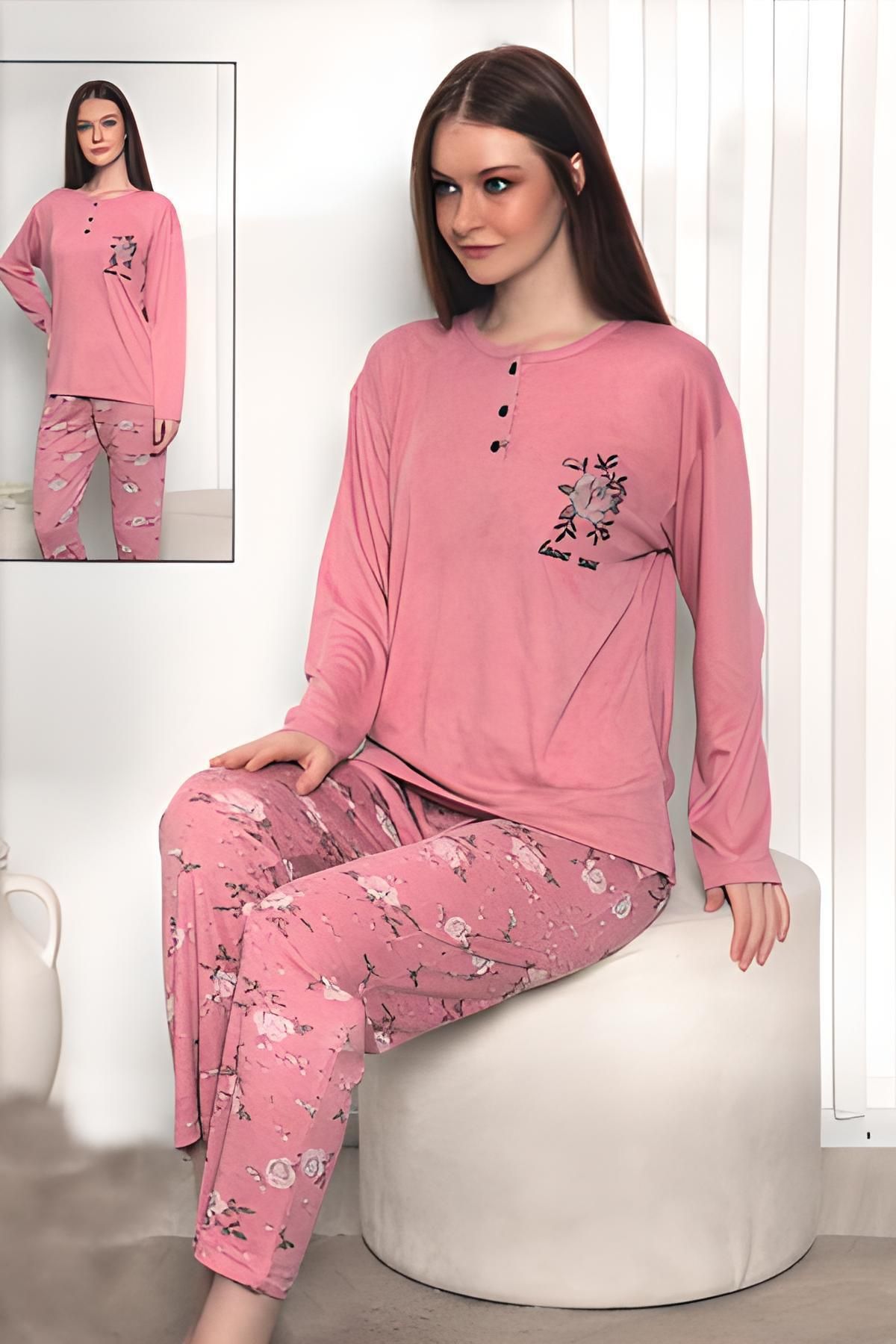 FAWN Kadın Love Rose Iki Düğme Pijama Takımı (6802)