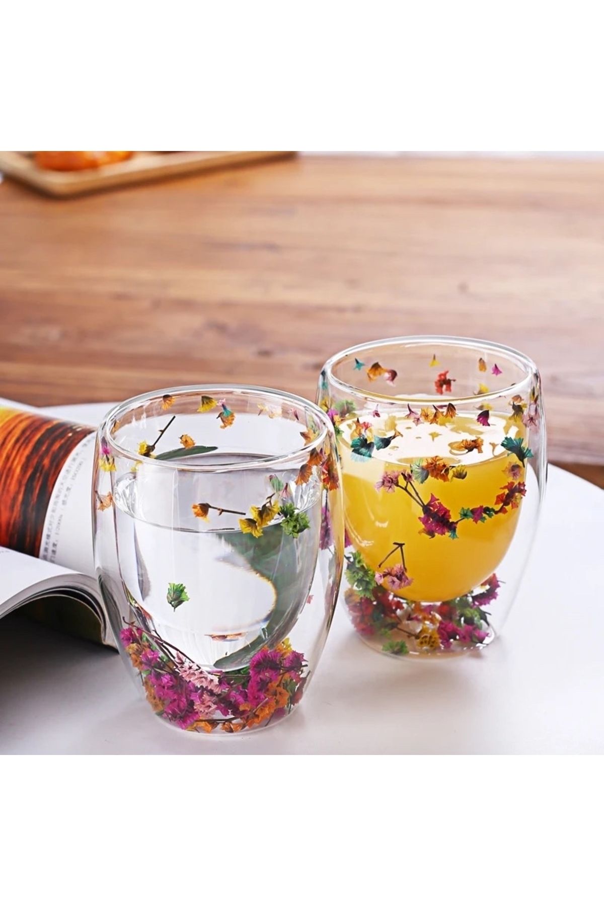 MİMOZA PARK 1 Adet Çiçekli Isıya Dayanıklı Borosilikat Çift Çidarlı Flower Cup | Çiçekli Kahve Sunum Bardağı