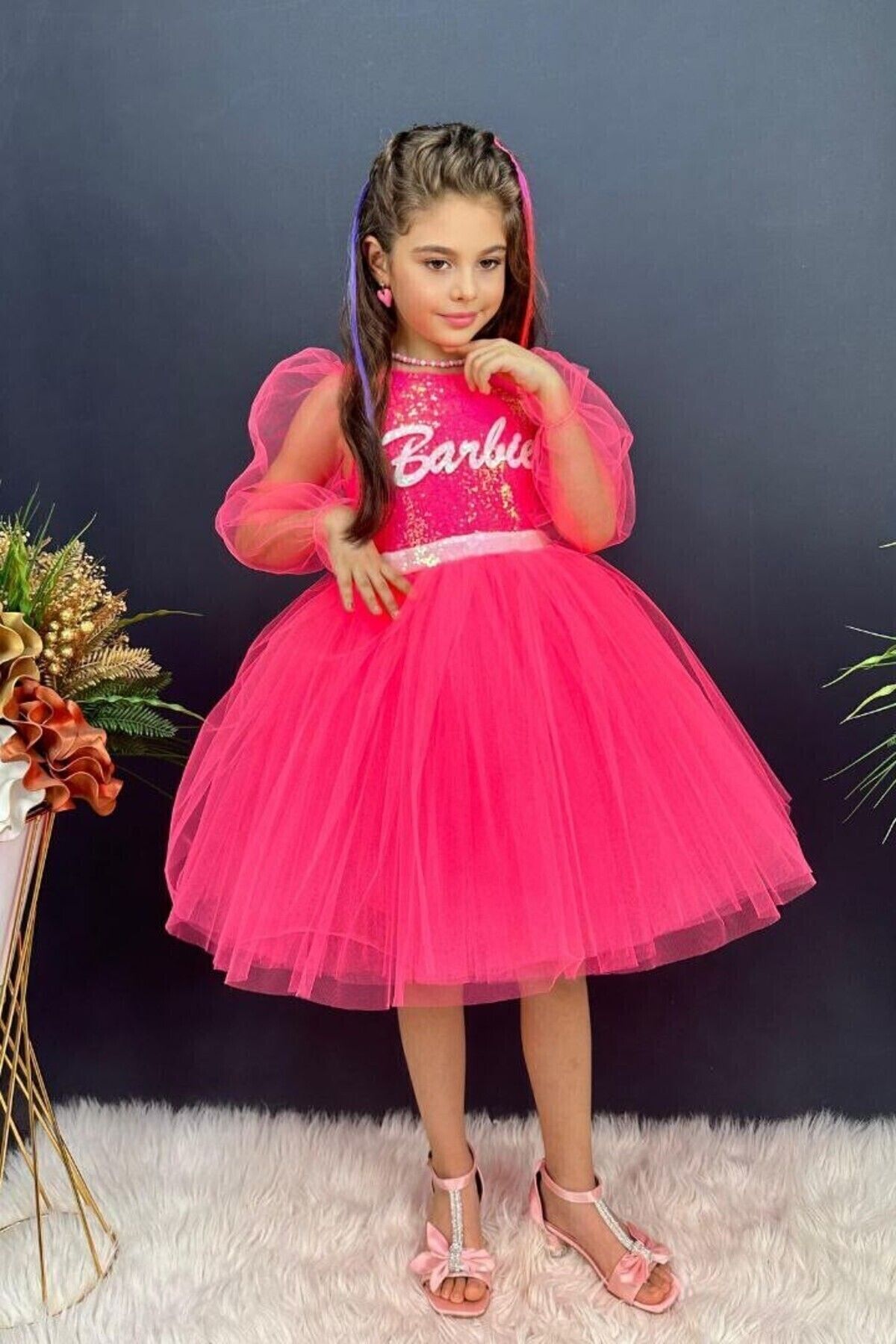 ABİYEKİDS Melek Kanatlı Barbie Pembe Çocuk Abiye 23 Nisan Doğum günü Elbisesi ABY895