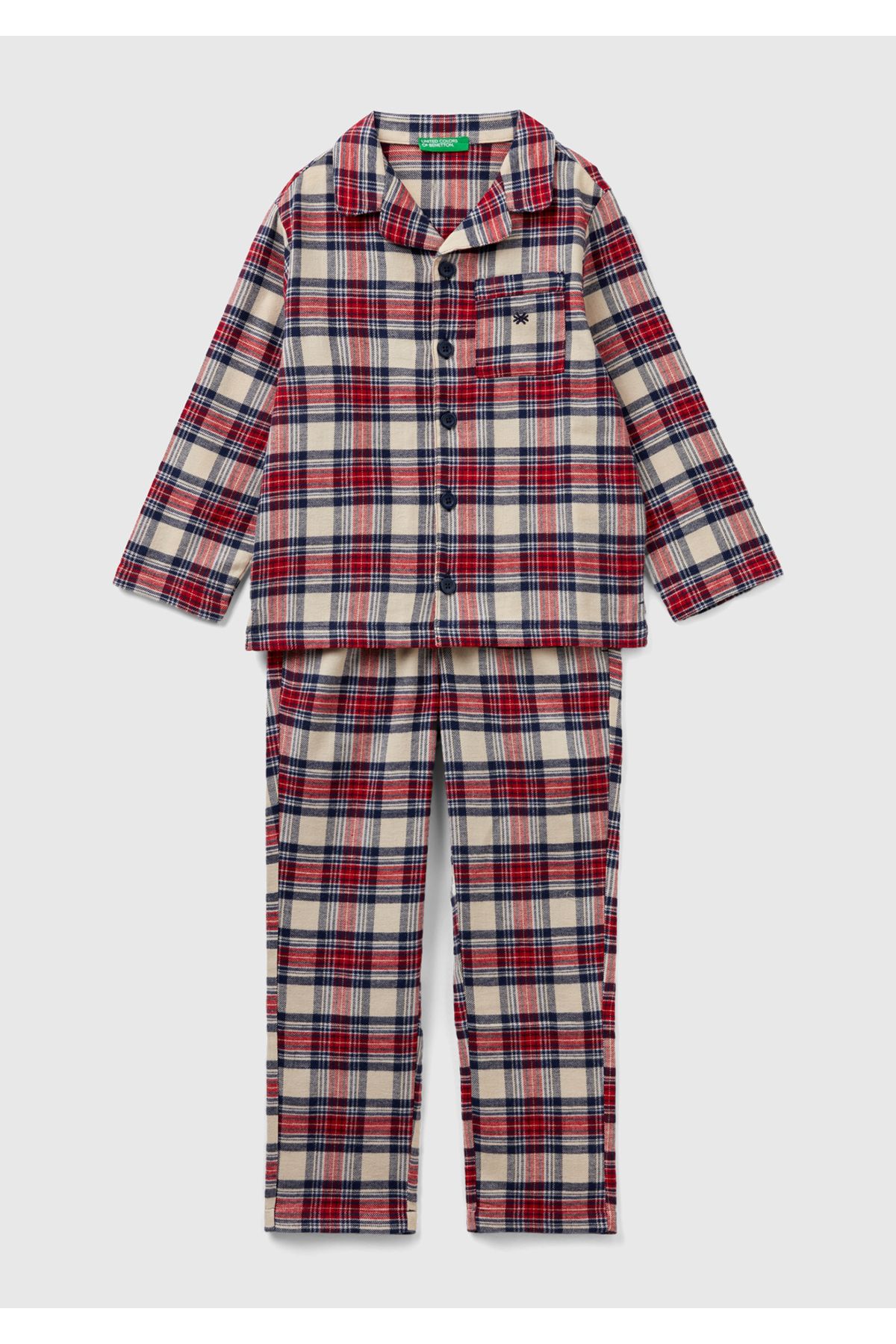 United Colors of Benetton Erkek Çocuk Kırmızı Mix Ekose Desenli Düğmeli Pijama Takımı