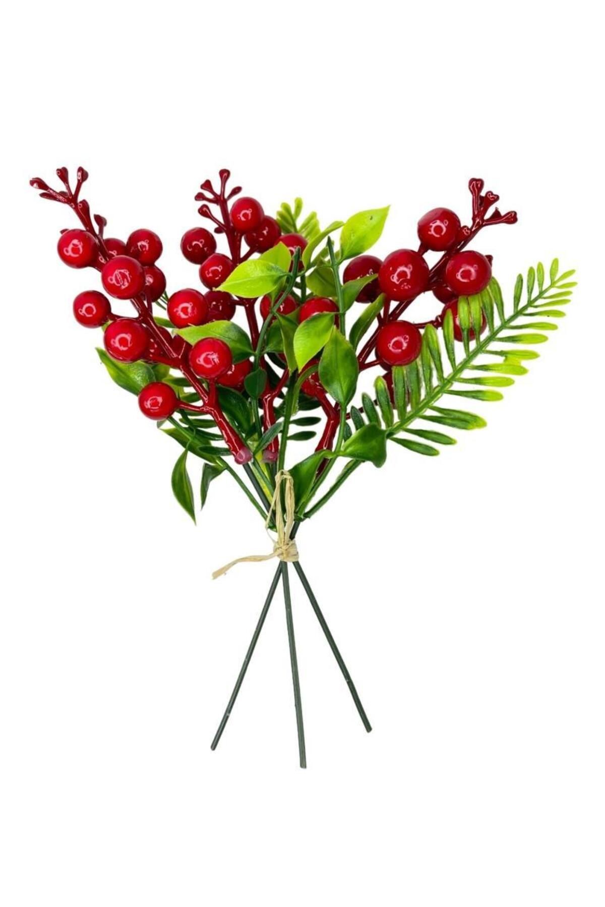 Nettenevime Yapay Çiçek Kokina 3 Dal Lı Demet 20*15cm Yılbaşı Çiçeği Red Berry
