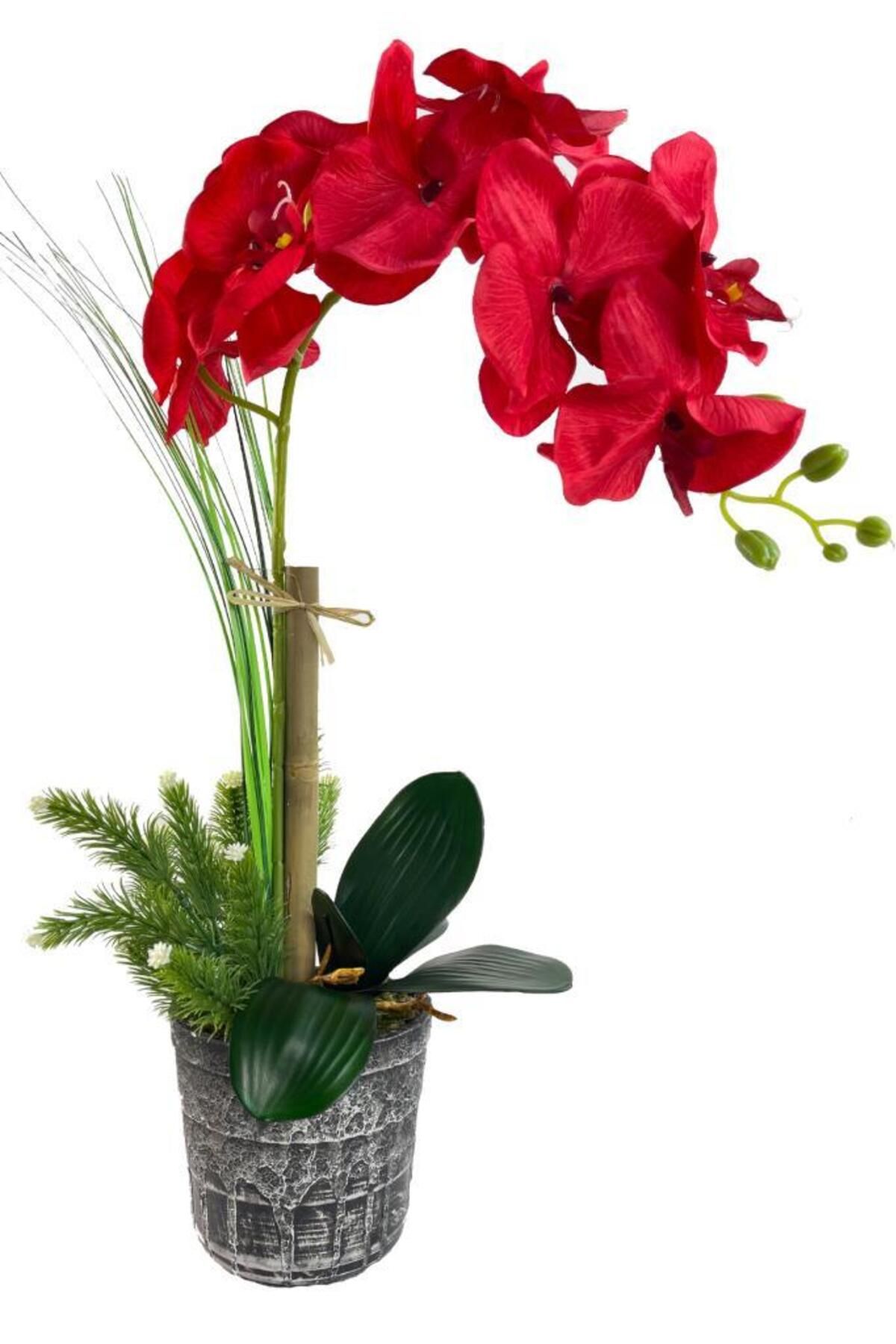 Nettenevime Yapay Çiçek Kırmızı Orkide Gri Seramik Saksıda Tek Dal Orkide 60cm