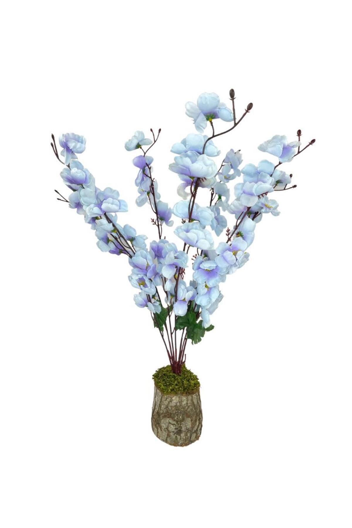 Nettenevime Yapay Çiçek Ahşap Kütük Saksılı Mavi Bahardalı Ağacı Salon Bitkisi 50cm