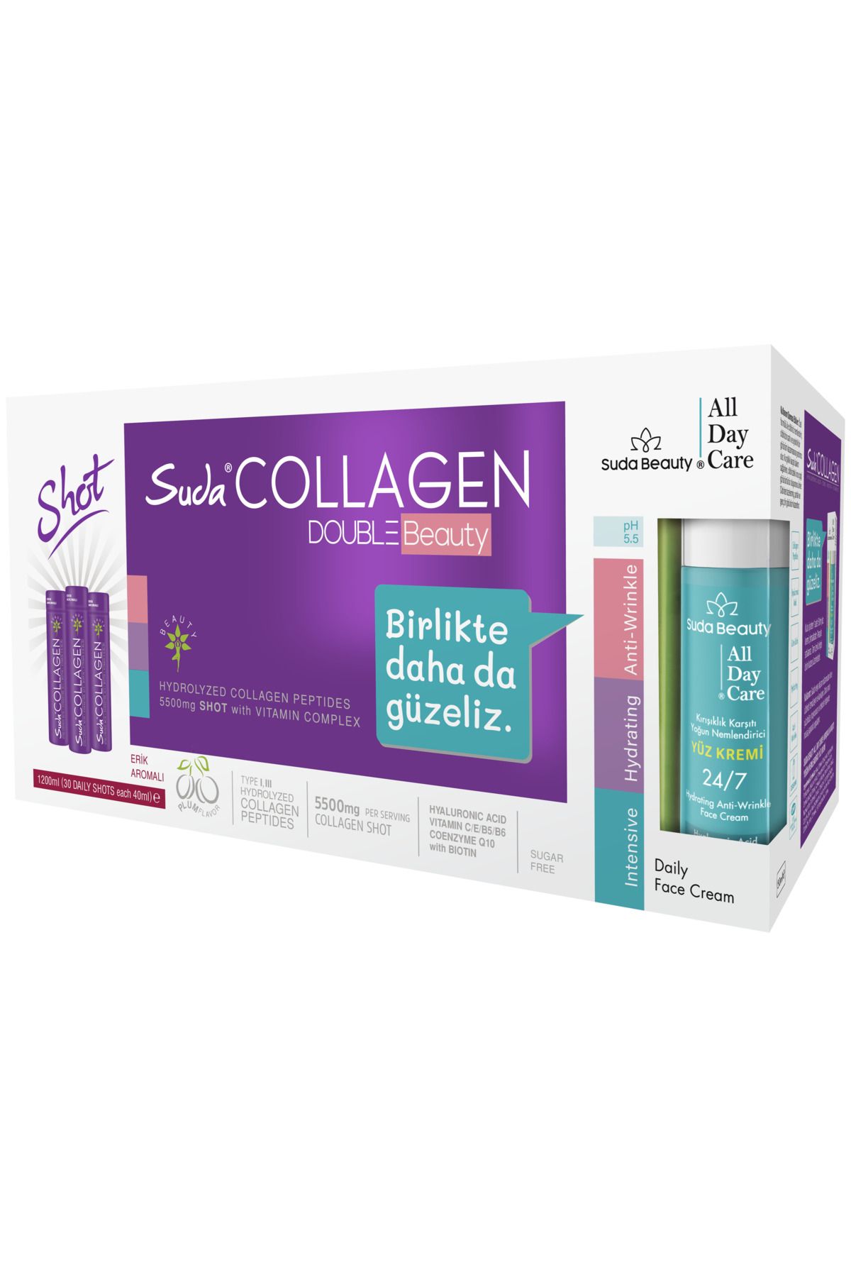 Suda Collagen Double Beauty 40mlx30 Shot ERİK Aromalı Kolajen+Suda Beauty-all Day Care Yüz Kremi 50ml