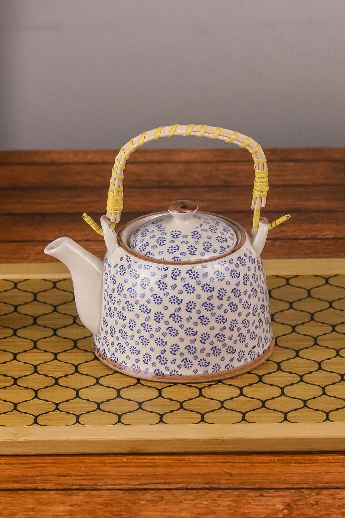 AVANTAGE HOME Leia - Hasır Saplı Çini Desenli Porselen Bitki Çayı Demliği 800 ml