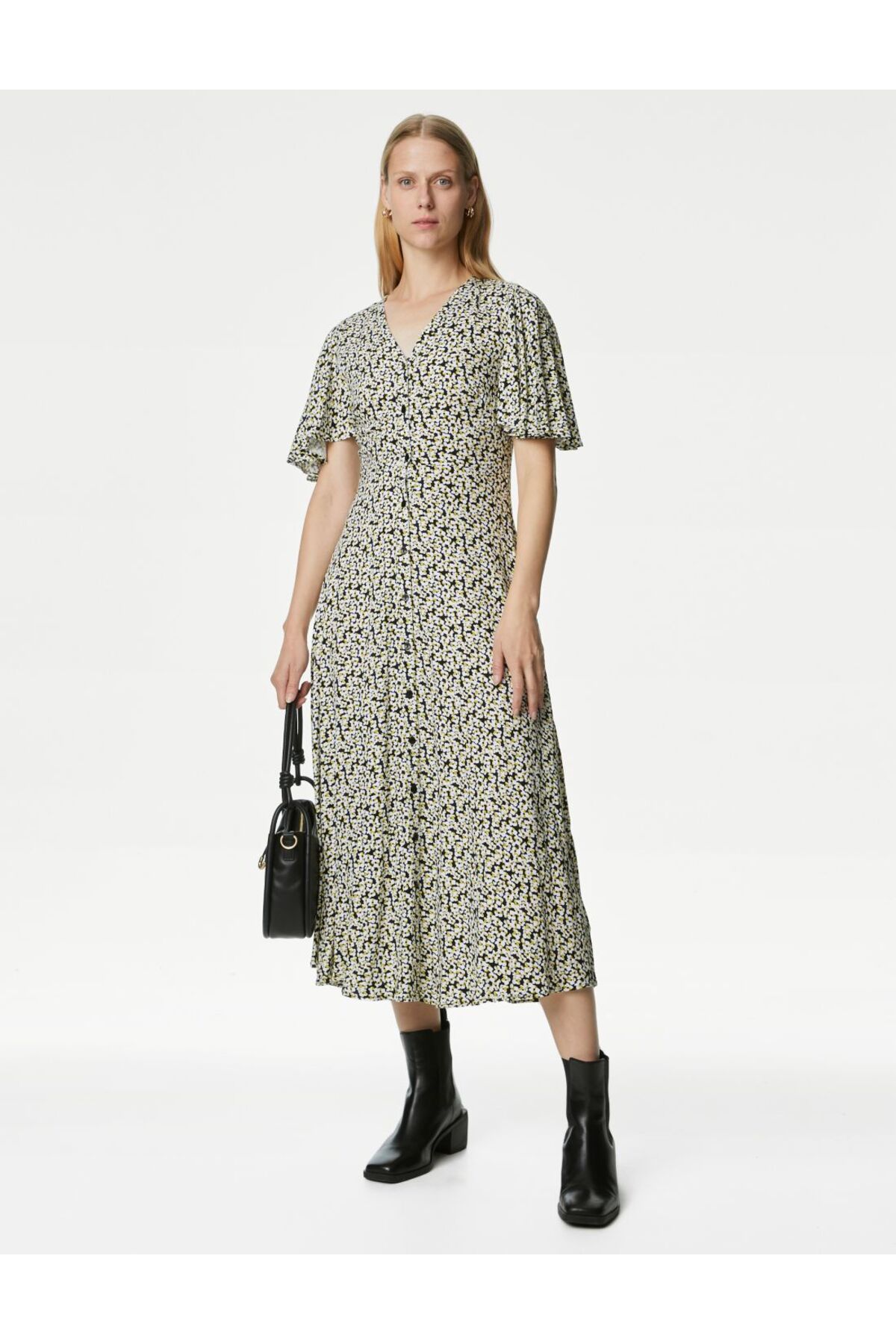 Marks & Spencer V Yaka Desenli Midi Elbise
