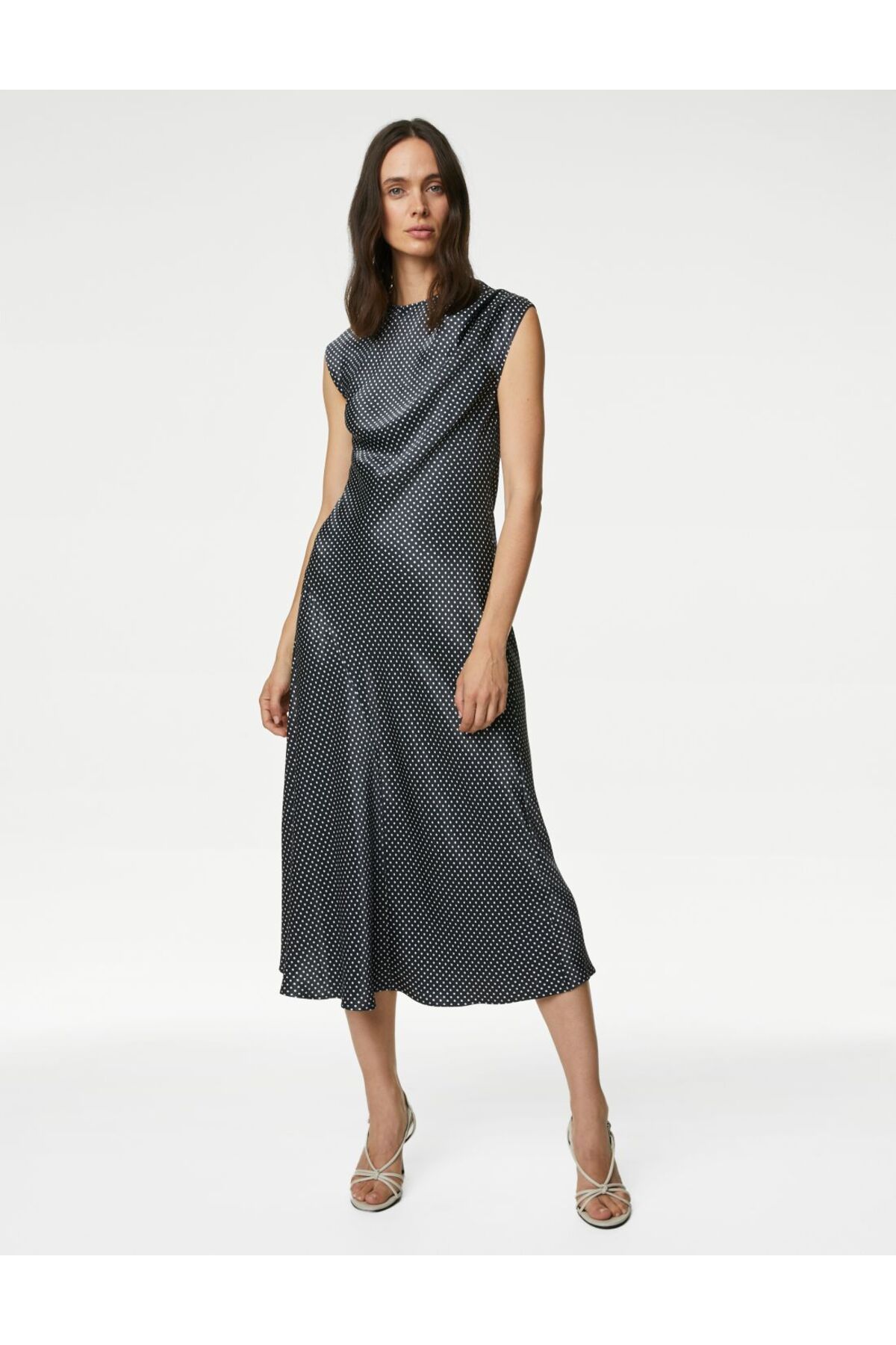 Marks & Spencer Puantiye Desenli Midi Saten Elbise