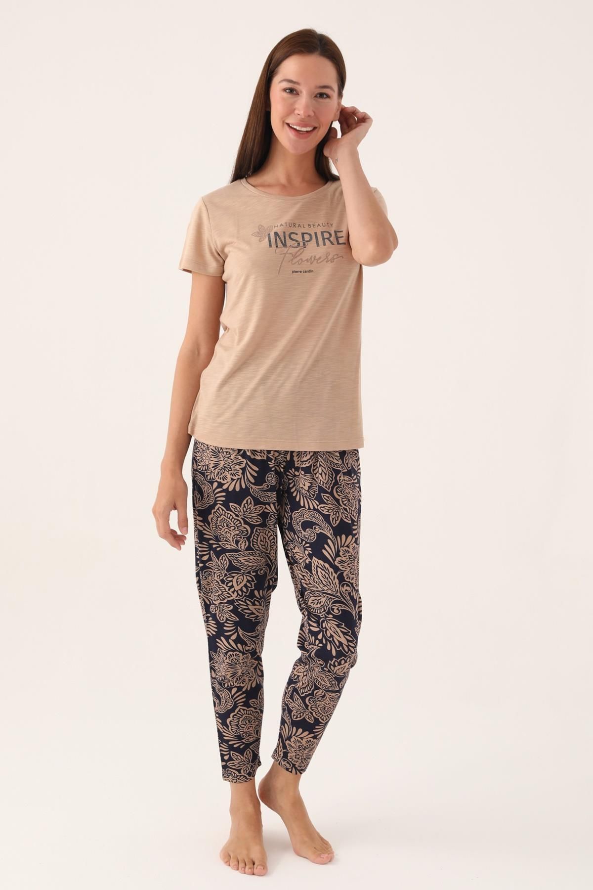 Pierre Cardin Kadın Lisanslı Yazlık Pijama Takım, %100 Pamuk Kısakol T-shirt Pantolon Set, Cep Detay