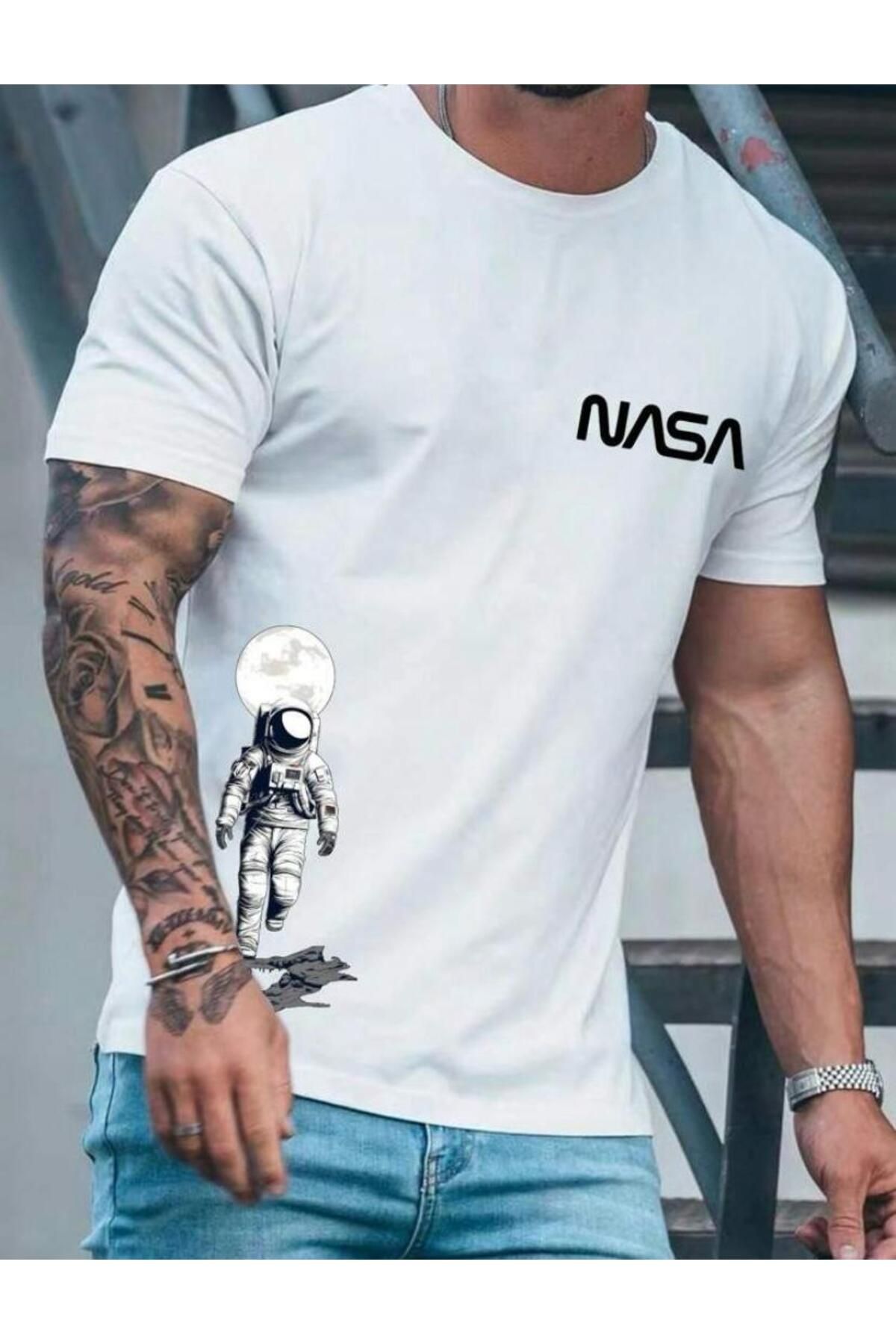 RocciaNera UNİSEX NASA ASTRONOT BASKILI BEYAZ TSHIRT