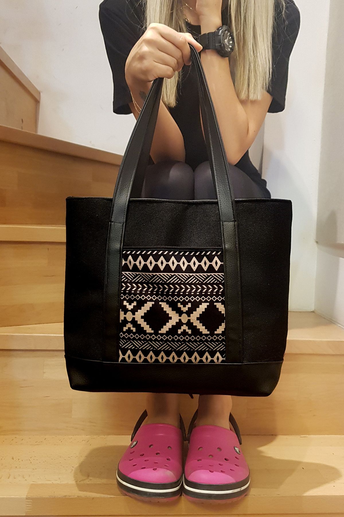 Ayşe Teyze'nin Çantaları Kadın Siyah Keten Tote Çanta