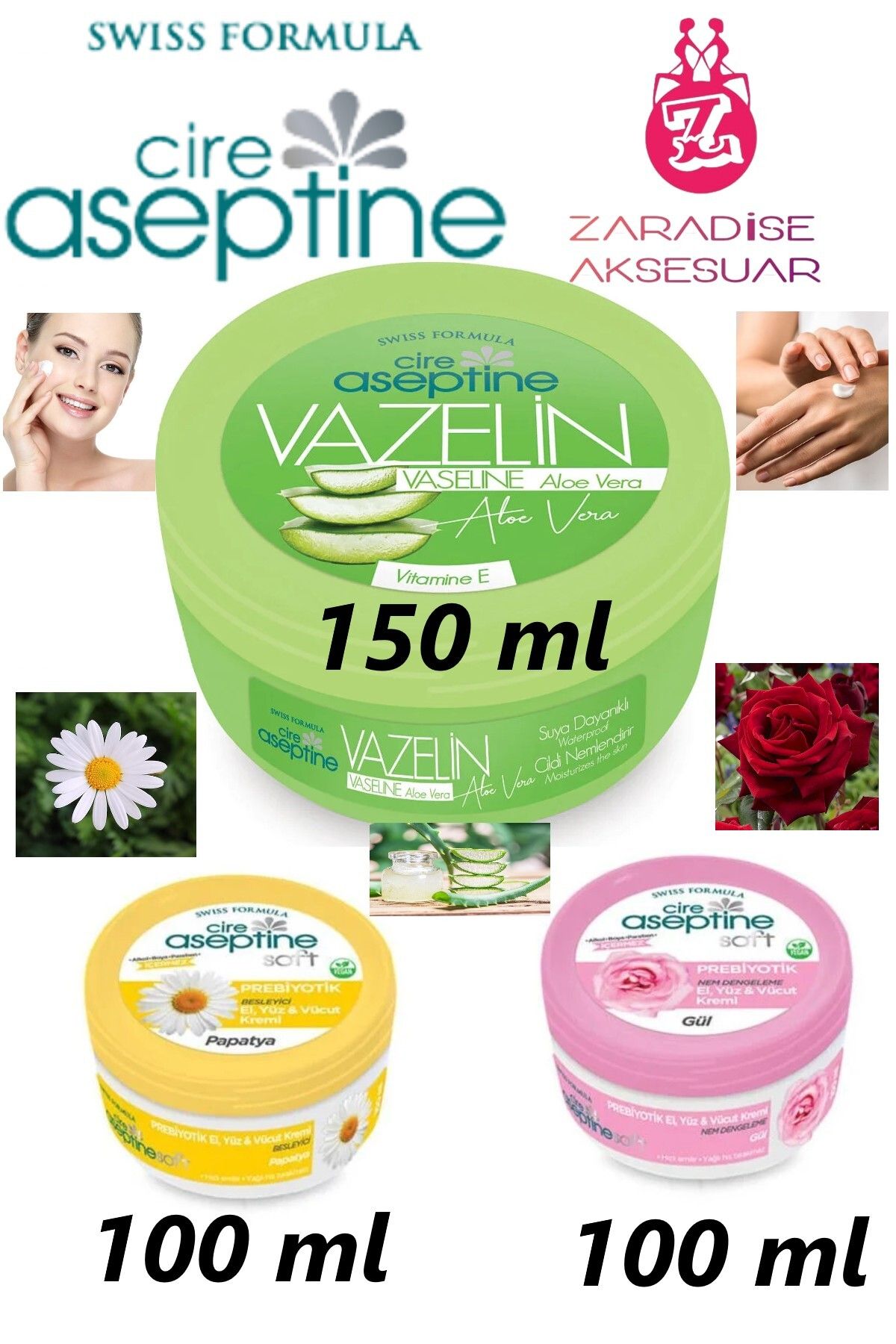Cire Aseptine Aloe Vera Vitamin E Vazelin 150 ml + Papatya & Gül Prebiyotik Soft Krem 100 ml Seti