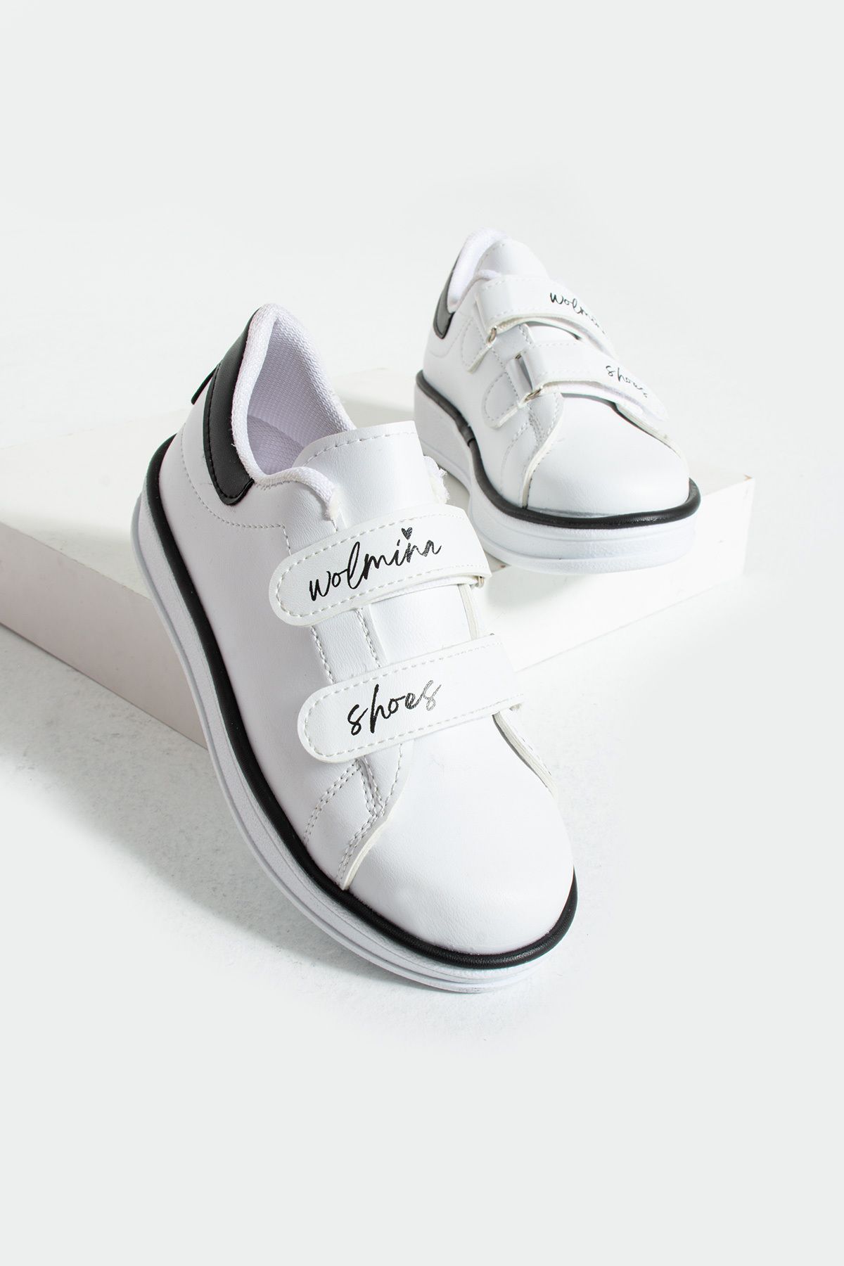 Pembe Potin Çocuk Unisex Beyaz Siyah Sneakers Cırtlı Bantlı Günlük Rahat Spor Ayakkabı