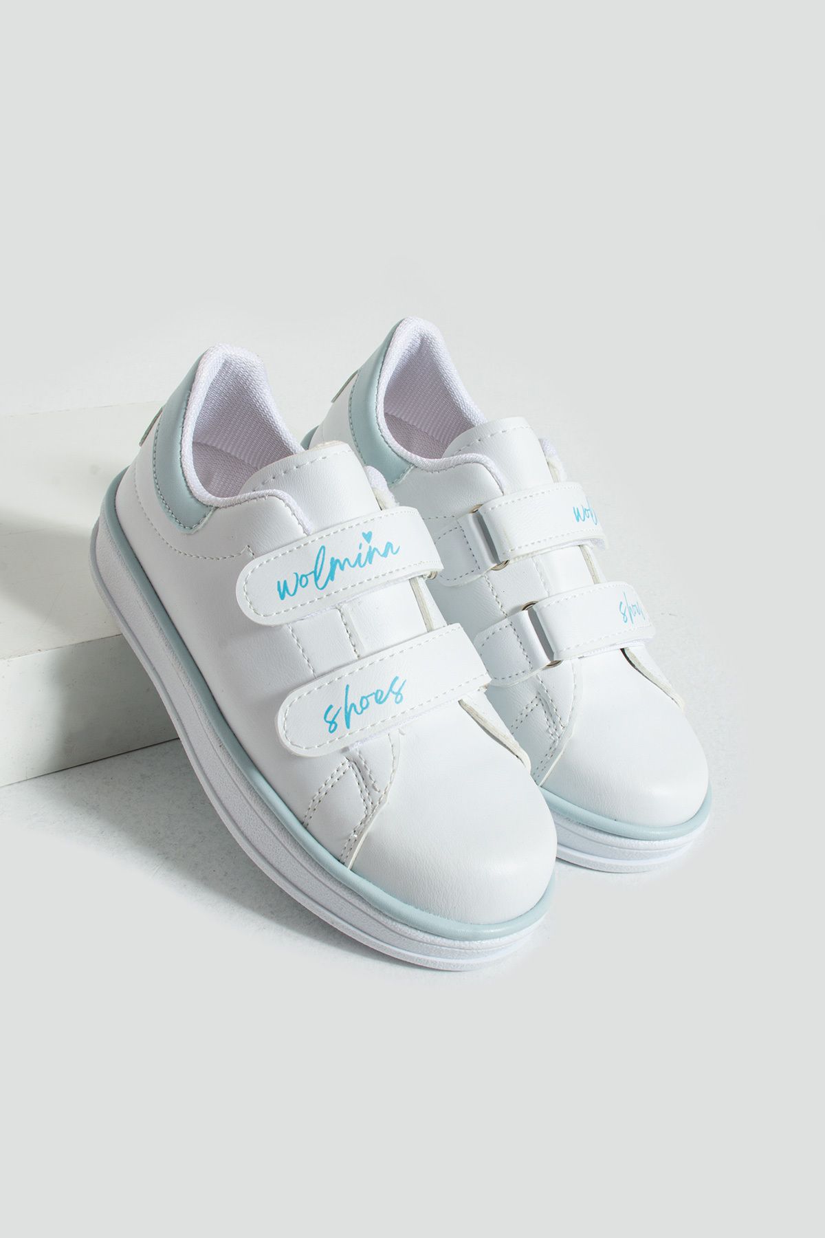 Pembe Potin Çocuk Unisex Beyaz Mavi Sneakers Cırtlı Bantlı Günlük Rahat Spor Ayakkabı