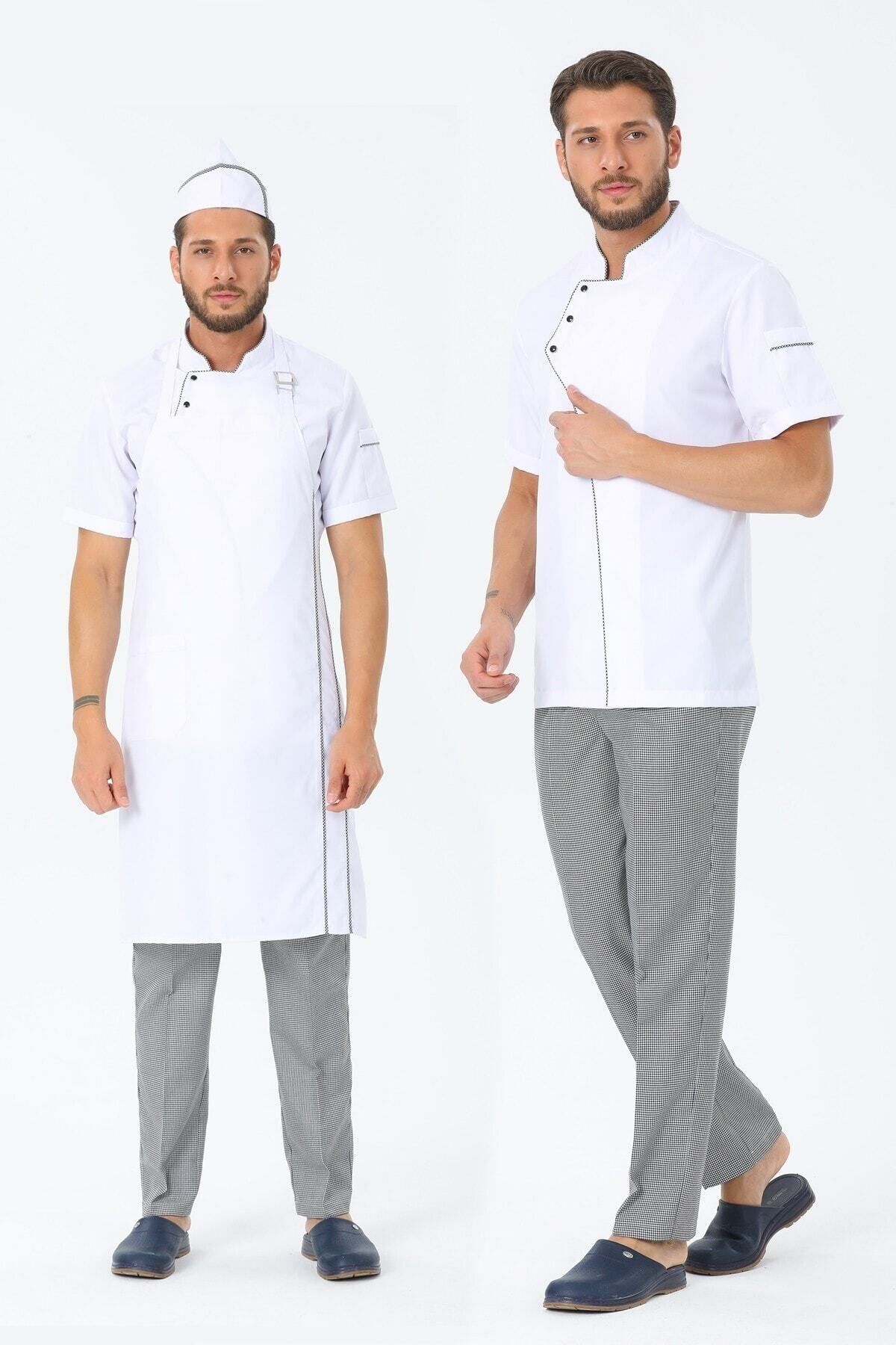 TIPTEKS Erkek Kısa Kol Beyaz - Pötikare Aşçı Ceket + Aşçı Pantolon + Askılı Önlük Ve Kep Dörtlü Takım