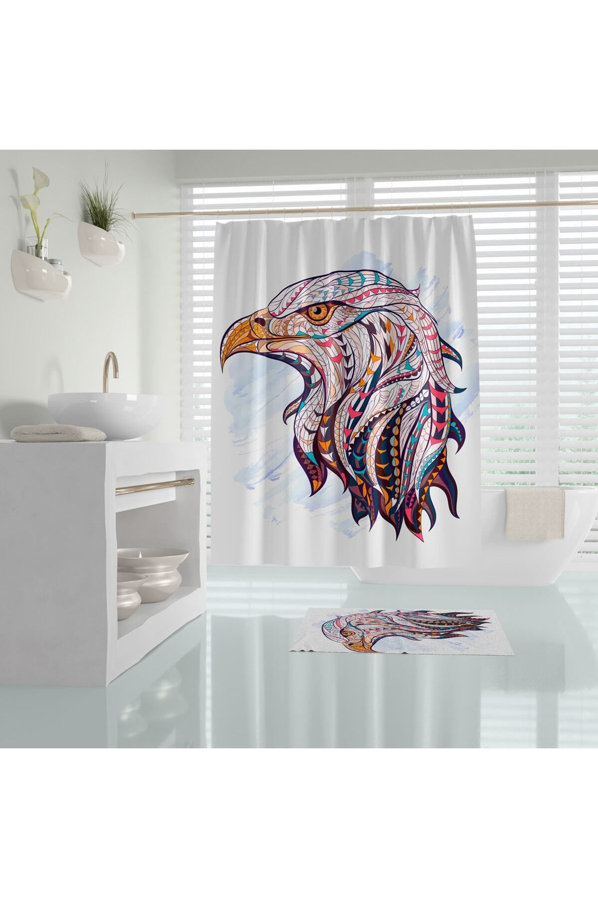 Tropikhome Duş Perdesi Kartal Desenli Dijital Baskılı Banyo Perdesi 180x200 Cm Tek Kanat Banyo Perdeleri