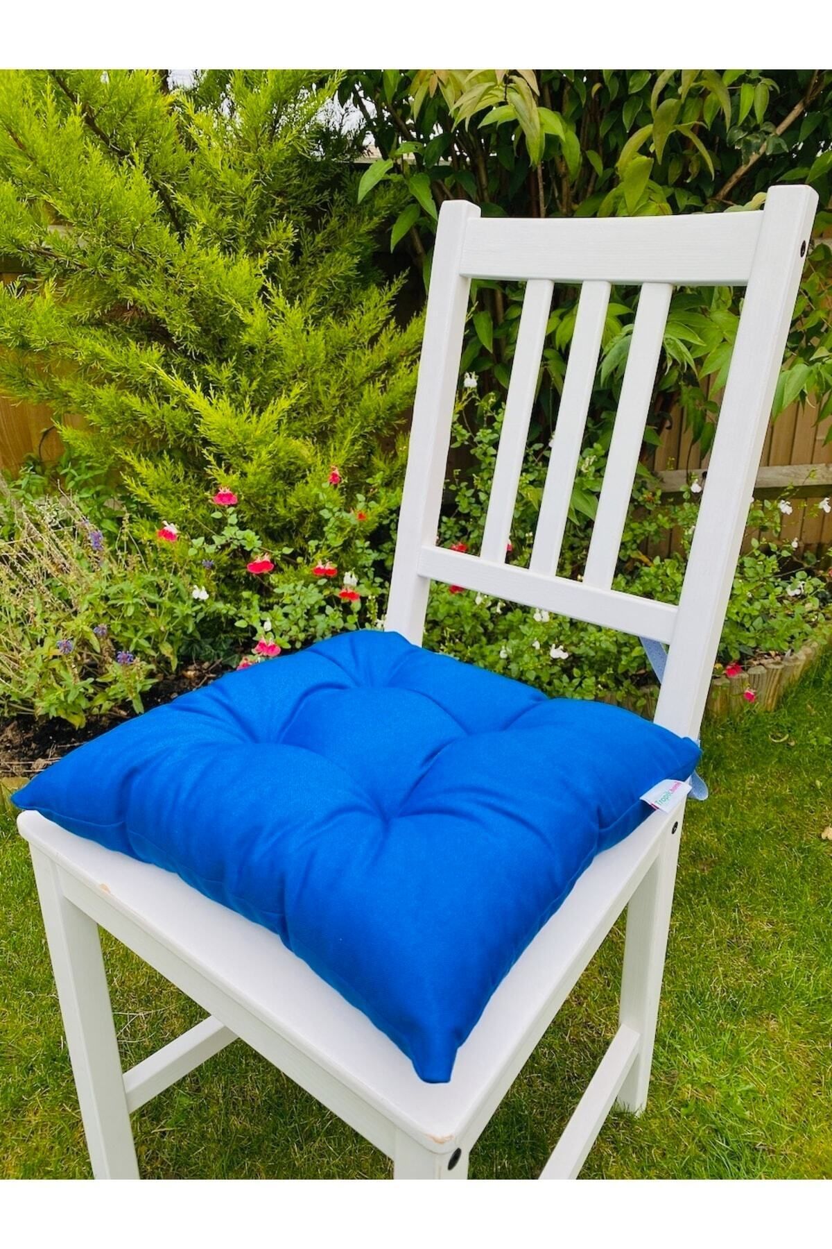 Tropikhome Mavi Renk Pamuklu Kumaş Pofidik Kare Dekoratif Sandalye Minderi 35x35 Cm, Bağcıklı Sandalye Minderi