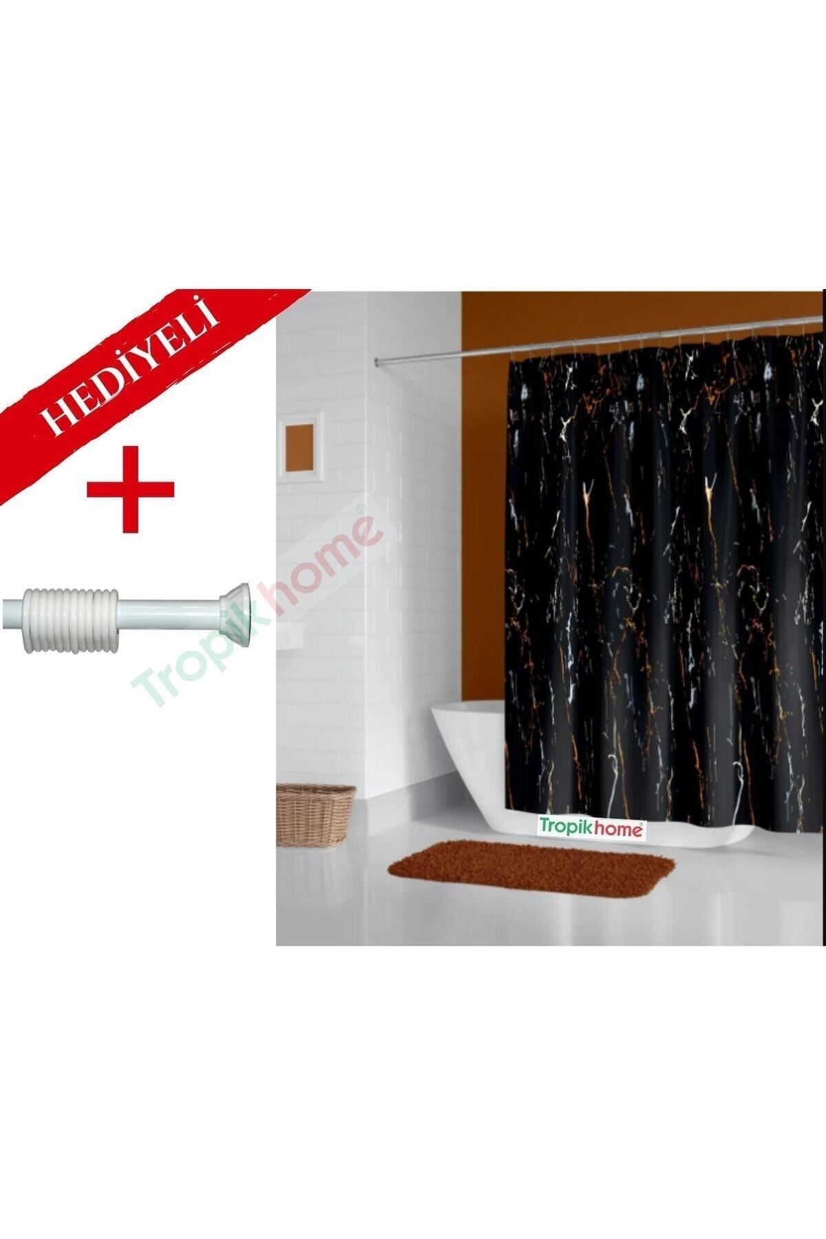 Tropikhome Siyah Mermer Desenli Banyo Perdesi, Askı Hediyeli 180x200cm Duş Perdesi-tek Kanat Duş Perdesi