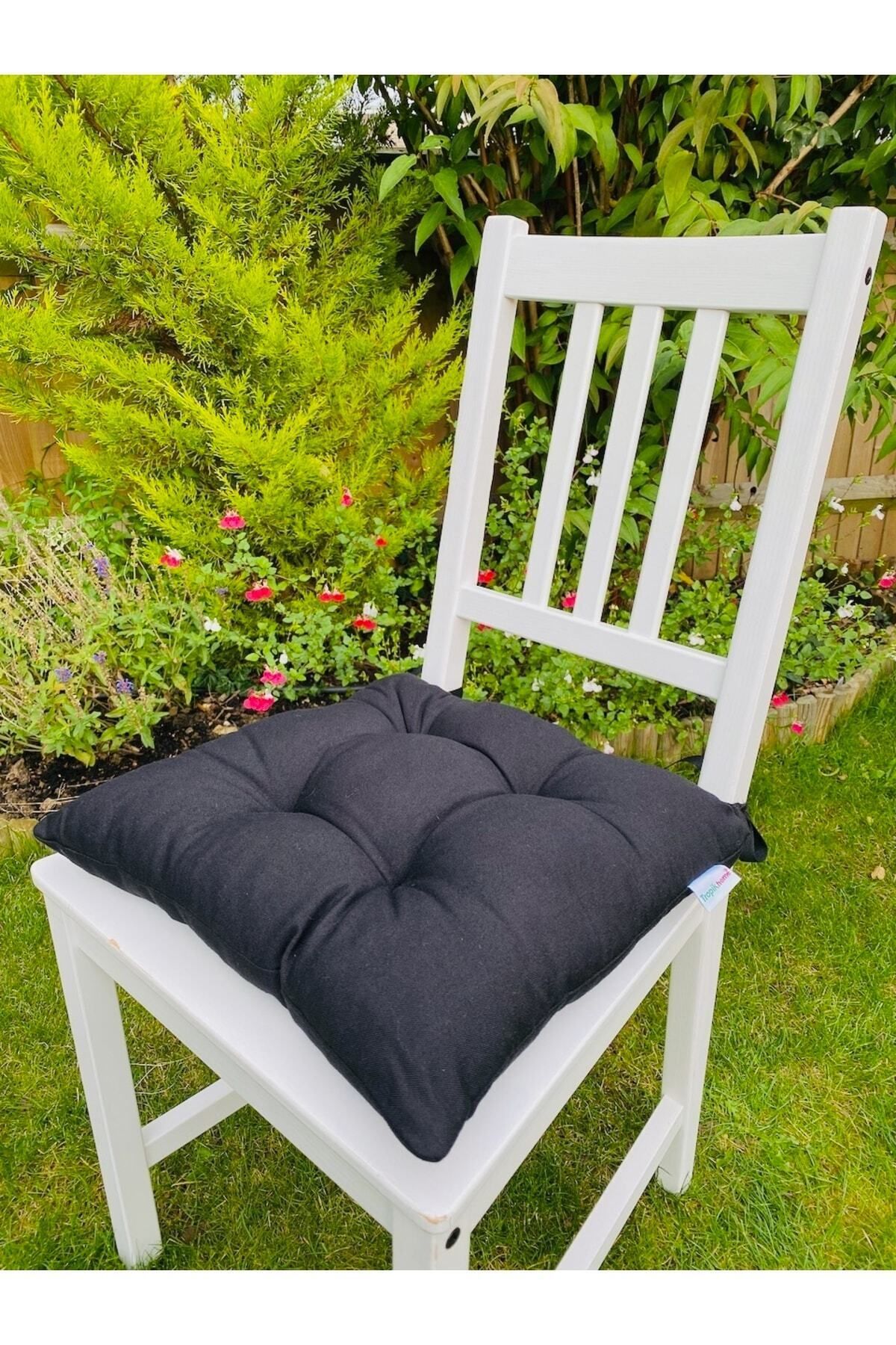 Tropikhome Siyah Sandalye Minderi, Pamuklu Kumaş Pofidik Kare Dekoratif Sandalye Sırt Minderi 40x40 Cm