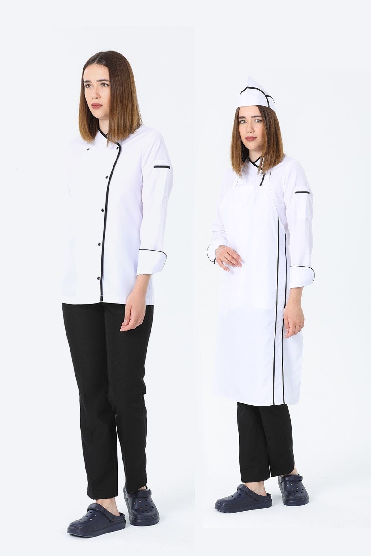 TIPTEKS Kadın Uzun Kol Siyah - Beyaz Aşçı Ceket + Aşçı Pantolon + Askılı Önlük Ve Kep Dörtlü Takım