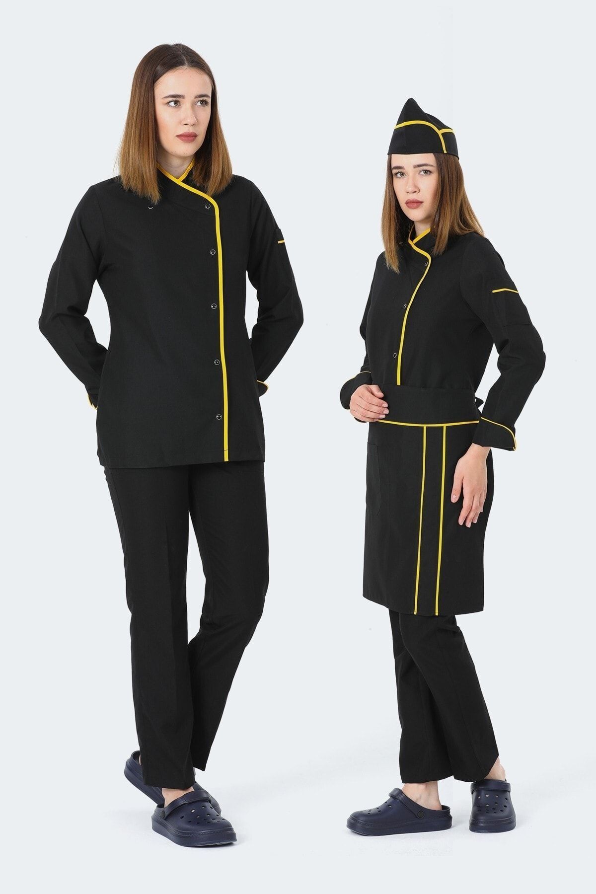 TIPTEKS Kadın Uzun Kol Siyah - Sarı Aşçı Ceket + Aşçı Pantolon + Bel Önlük Ve Kep Dörtlü Takım